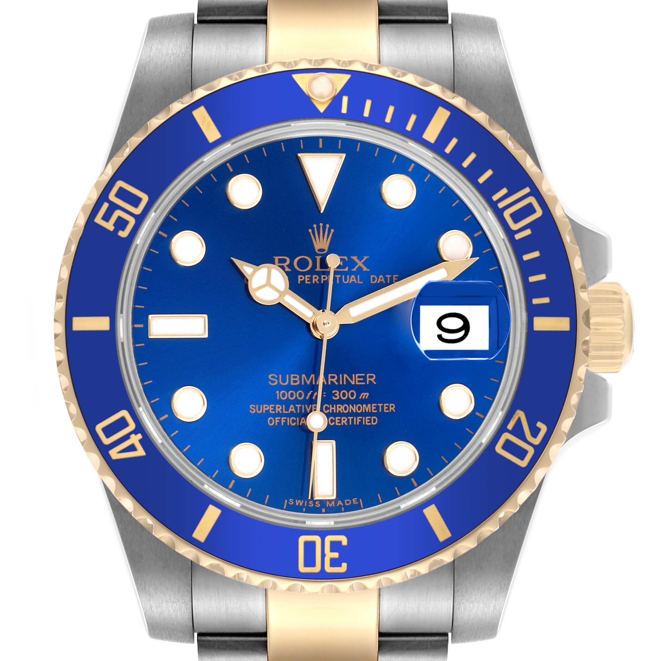 The image shows a front view of a Rolex Submariner 116613LB Men's Steel and Gold (two tone) Blue Dial 116613LB Men's Steel and Gold (two tone) Blue Dial watch, highlighting its blue dial, gold details, and the two-tone bracelet.