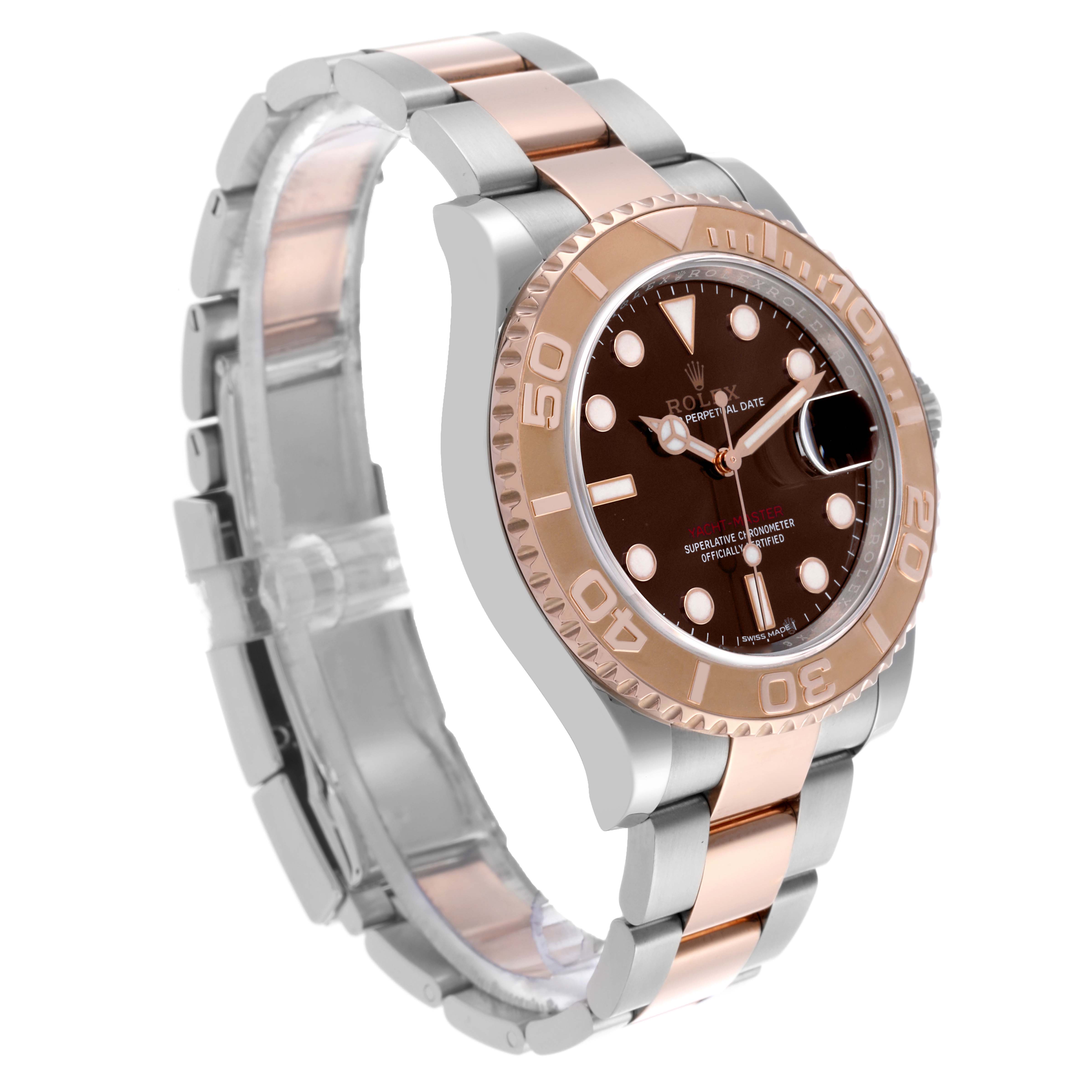 The Rolex Yacht-Master 116621 Men's Steel and Gold (two tone) Brown Dial 116621 Men's Steel and Gold (two tone) Brown Dial watch is shown at a front-side angle, highlighting the bezel, dial, and two-tone bracelet.