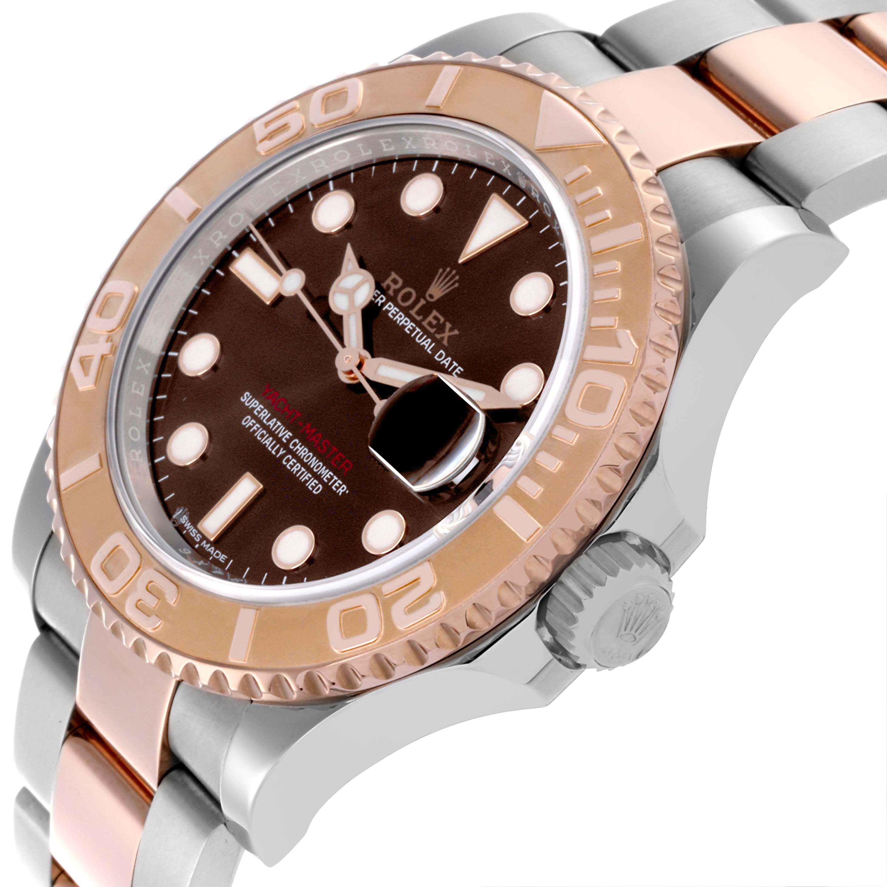 The Rolex Yacht-Master 116621 Men's Steel and Gold (two tone) Brown Dial 116621 Men's Steel and Gold (two tone) Brown Dial watch is shown at an angle highlighting the bezel, crown, dial, and part of the bracelet.