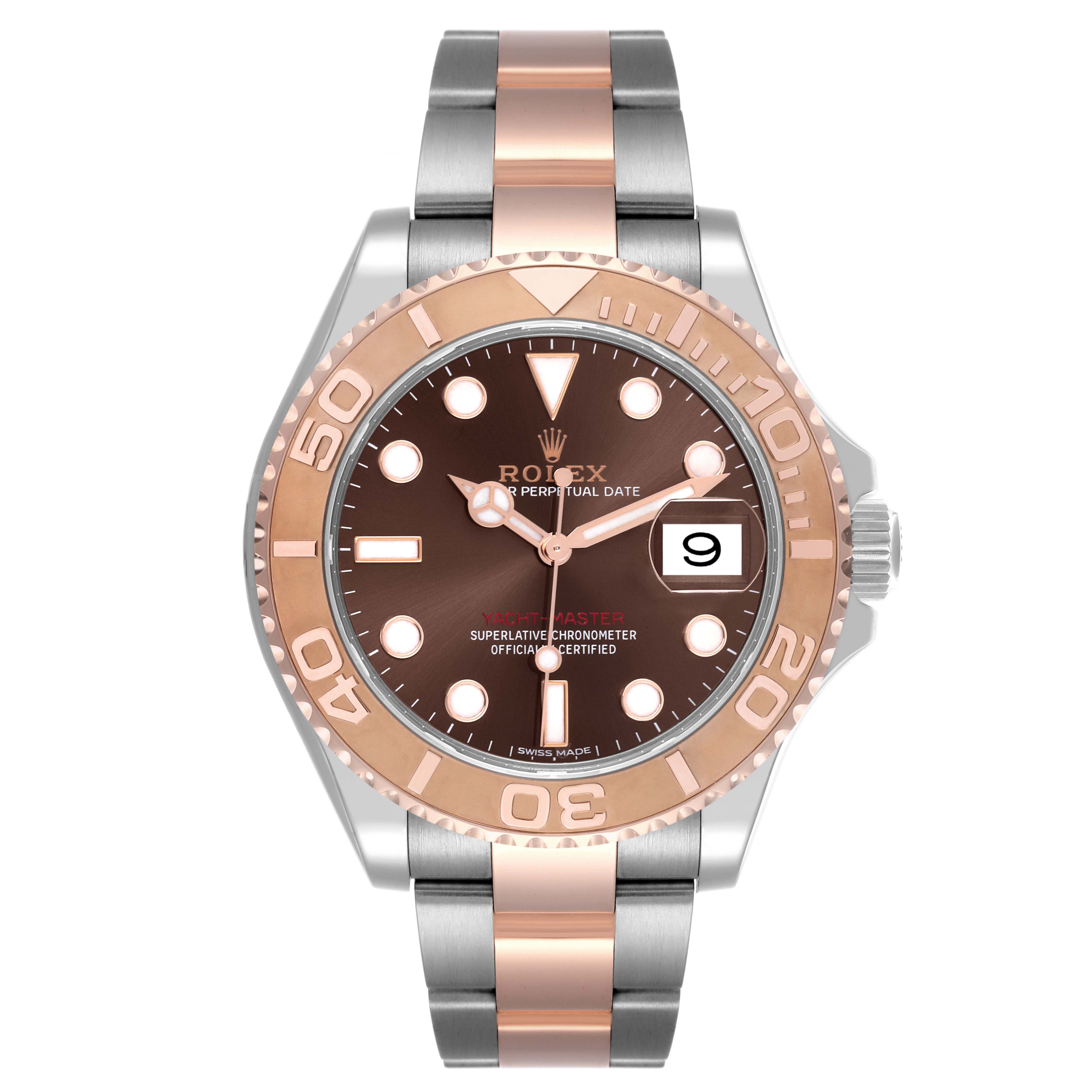 The Rolex Yacht-Master 116621 Men's Steel and Gold (two tone) Brown Dial 116621 Men's Steel and Gold (two tone) Brown Dial watch is shown from a front angle, highlighting the bezel, dial, hands, and bracelet.
