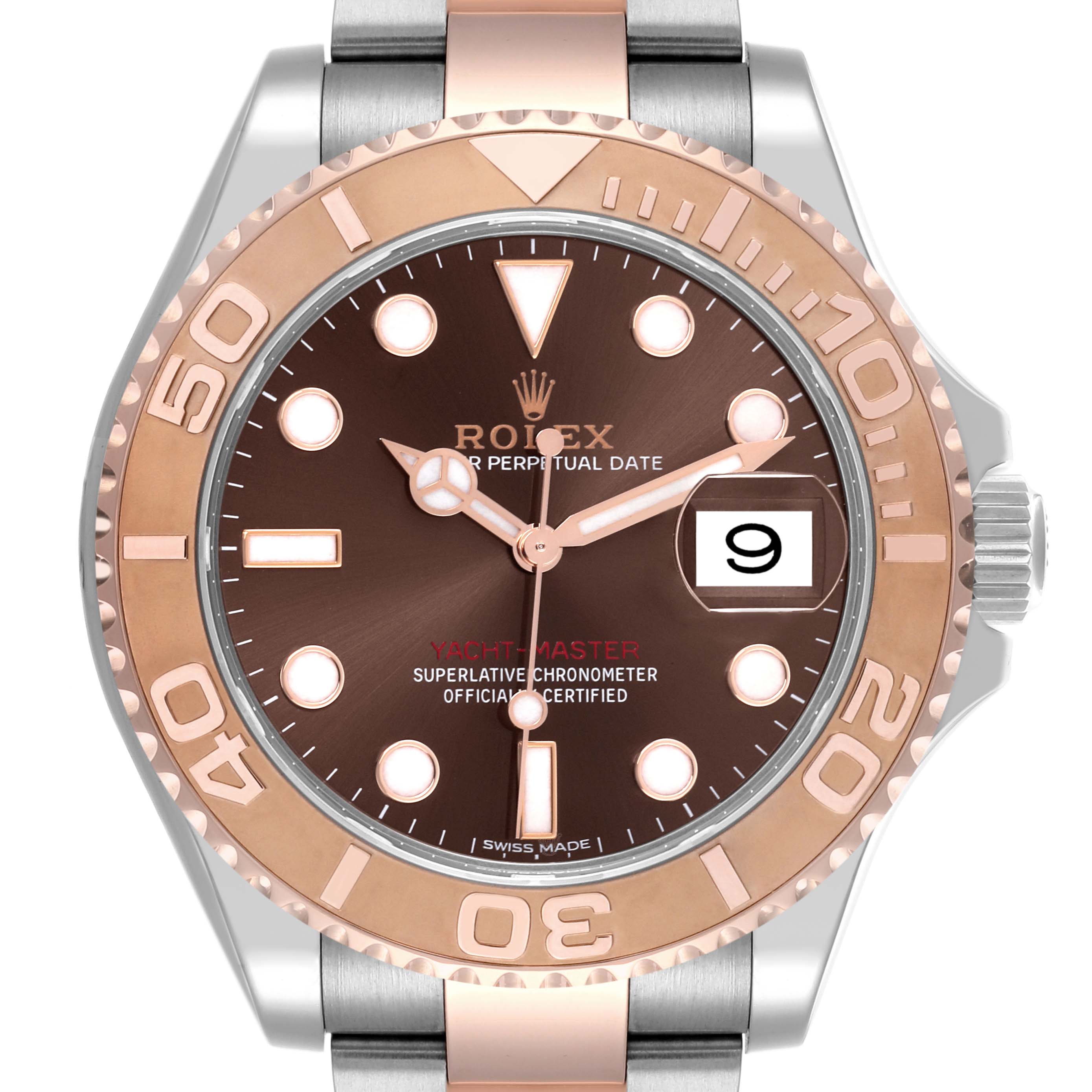 The Rolex Yacht-Master 116621 Men's Steel and Gold (two tone) Brown Dial 116621 Men's Steel and Gold (two tone) Brown Dial watch is shown from the front, highlighting the bezel, dial, and bracelet.