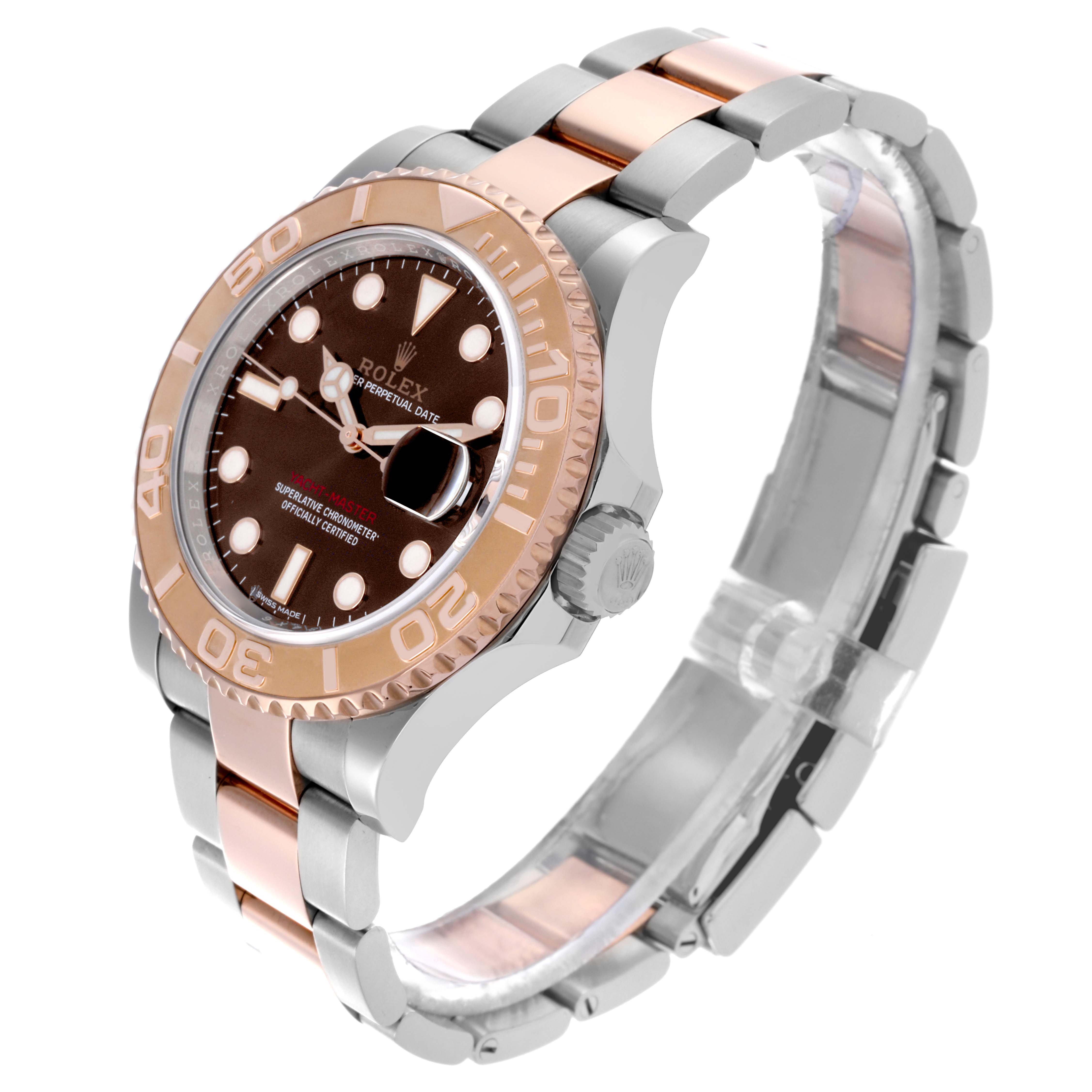 The Rolex Yacht-Master 116621 Men's Steel and Gold (two tone) Brown Dial 116621 Men's Steel and Gold (two tone) Brown Dial watch is shown from a three-quarter angle, highlighting the case, bezel, dial, and part of the bracelet.