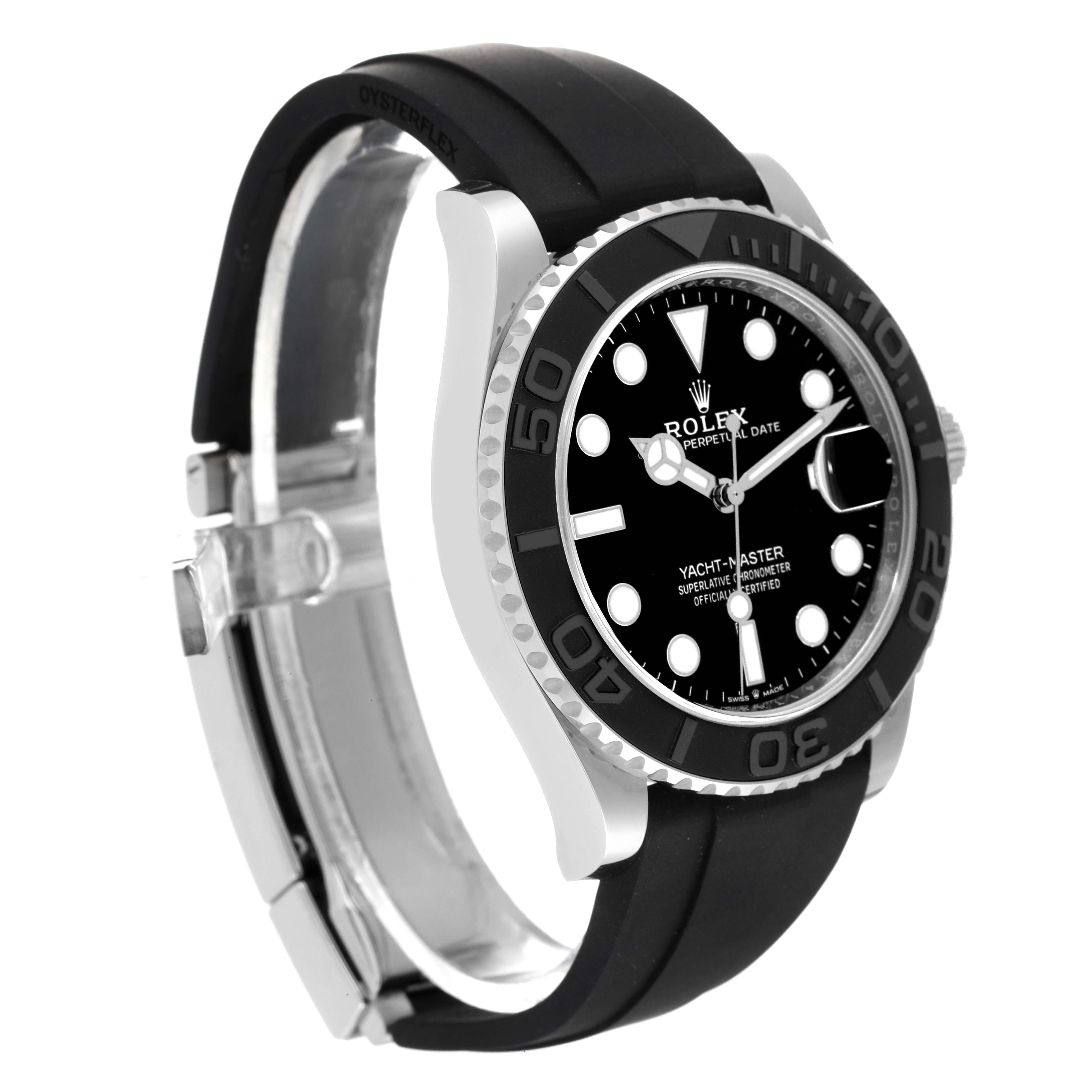 This image shows a side angle view of a Rolex Yacht-Master 226659 Men's White Gold Black Dial 226659 Men's White Gold Black Dial watch, highlighting the black dial, bezel, and black rubber strap.