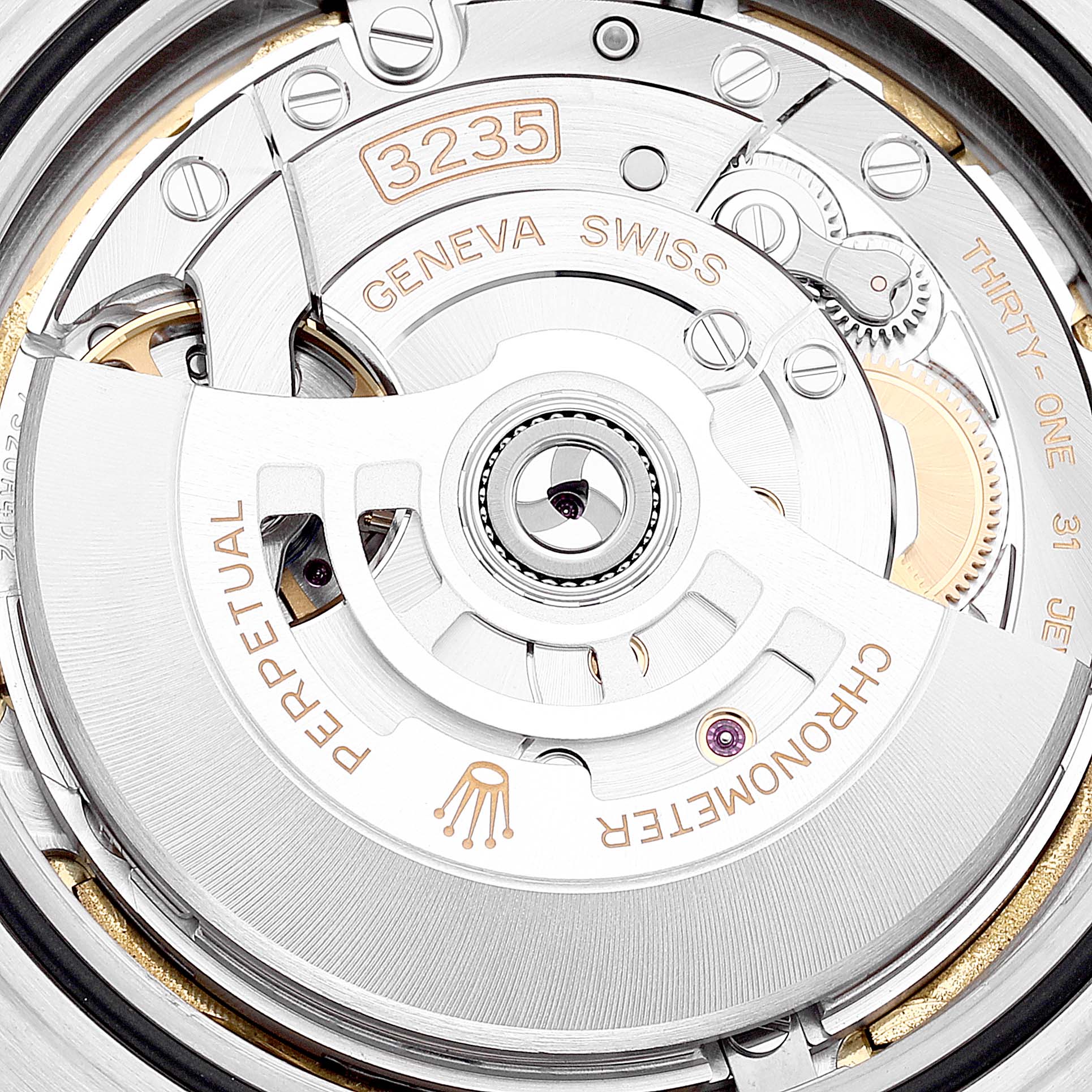 This close-up of the Rolex Yacht-Master 226659 Men's White Gold Black Dial 226659 Men's White Gold Black Dial watch displays the intricate internal movement, including the rotor and various gears.