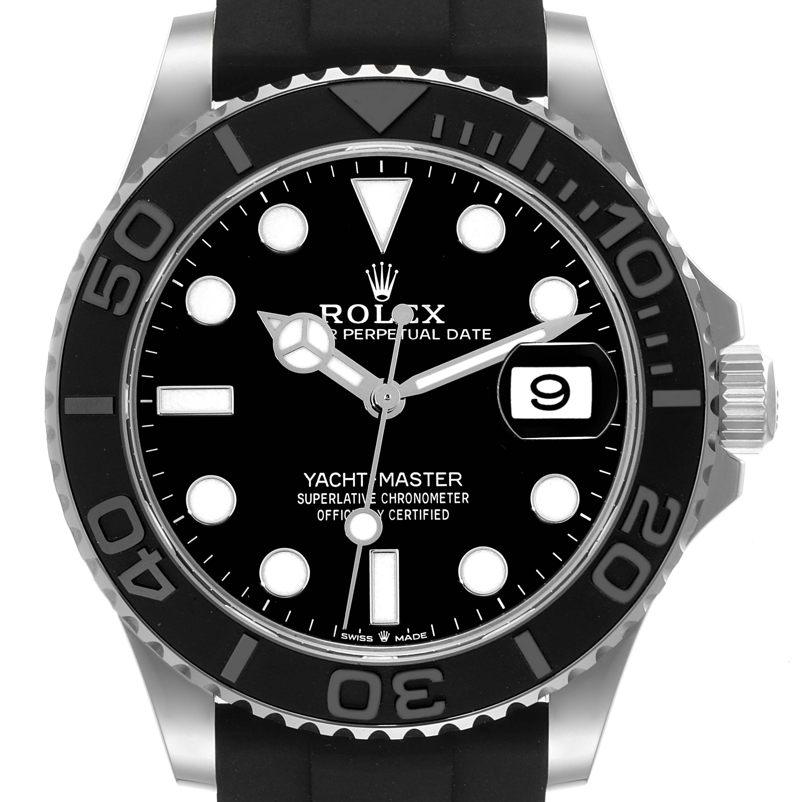 The Rolex Yacht-Master 226659 Men's White Gold Black Dial 226659 Men's White Gold Black Dial watch is shown from a front angle displaying its black dial, hands, bezel, date display, and rubber strap.