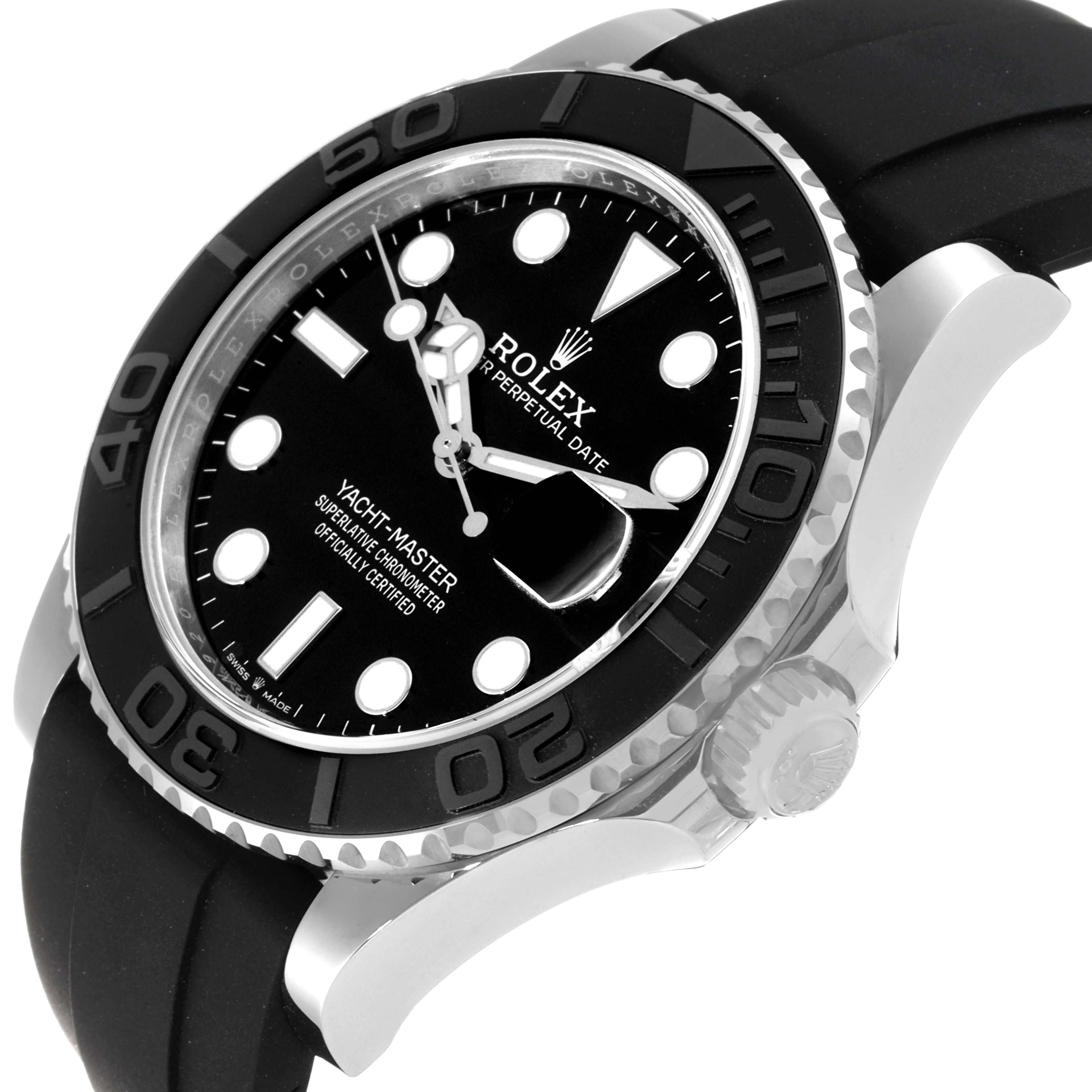 The image shows a close-up of the Rolex Yacht-Master 226659 Men's White Gold Black Dial 226659 Men's White Gold Black Dial watch with a focus on the face, bezel, and part of the strap.