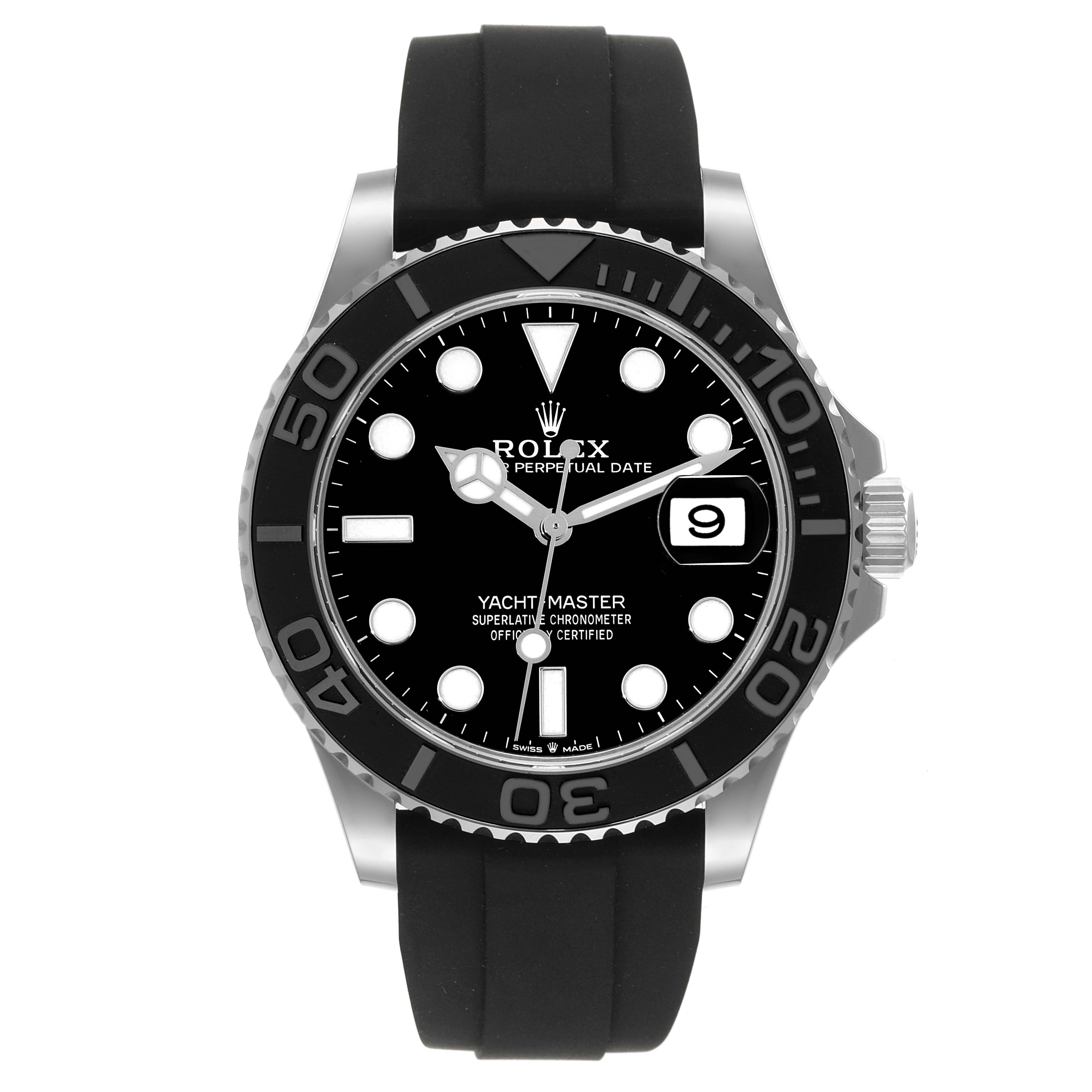 The image shows a front view of a Rolex Yacht-Master 226659 Men's White Gold Black Dial 226659 Men's White Gold Black Dial watch, featuring a black dial and a black rubber strap.
