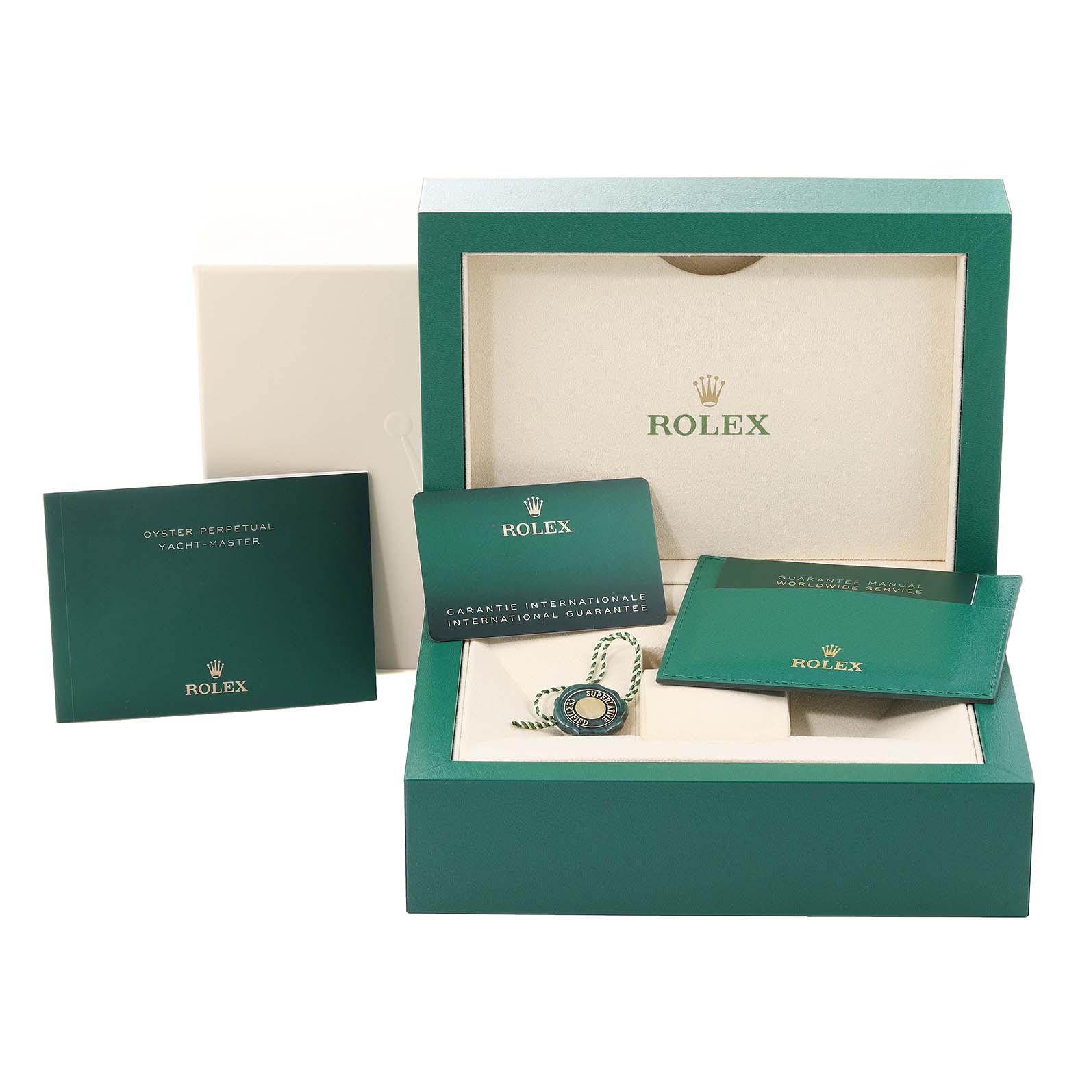The image shows the packaging, instruction manual, and guarantee cards for a Rolex Yacht-Master 226659 Men's White Gold Black Dial 226659 Men's White Gold Black Dial watch.