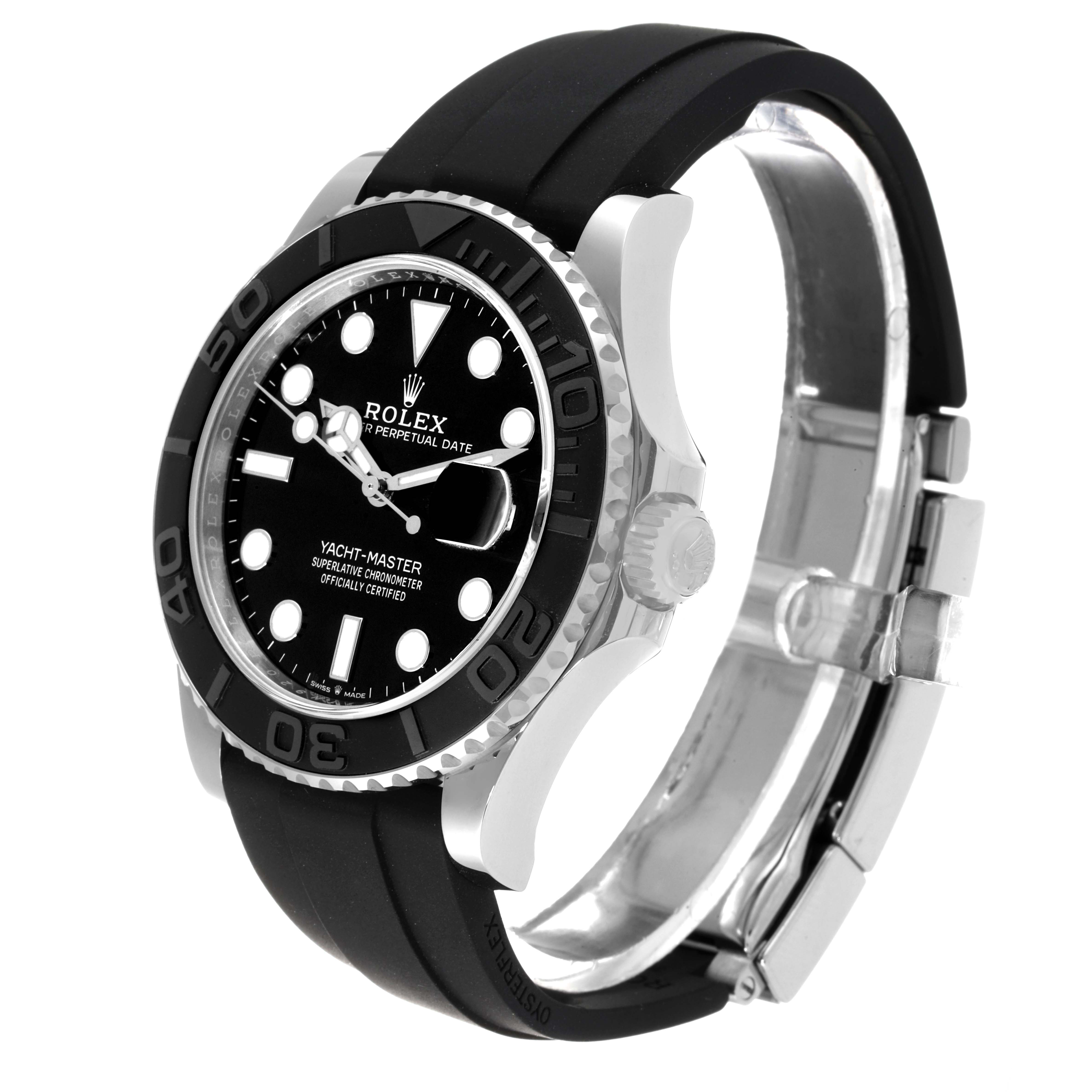 The image shows the front and side view of a Rolex Yacht-Master 226659 Men's White Gold Black Dial 226659 Men's White Gold Black Dial watch, highlighting its bezel, dial, and strap.