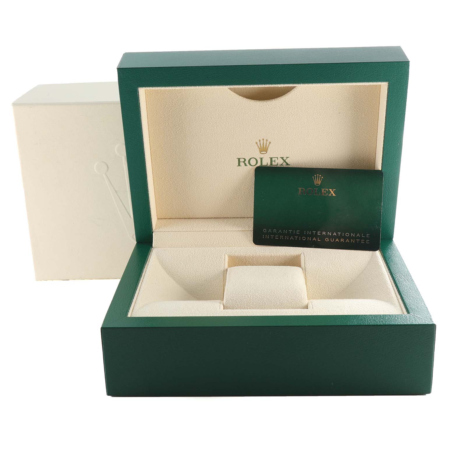 The image shows the packaging box and warranty card for a Rolex Yacht-Master 226659 Men's White Gold Black Dial 226659 Men's White Gold Black Dial watch, from a straight-on angle.