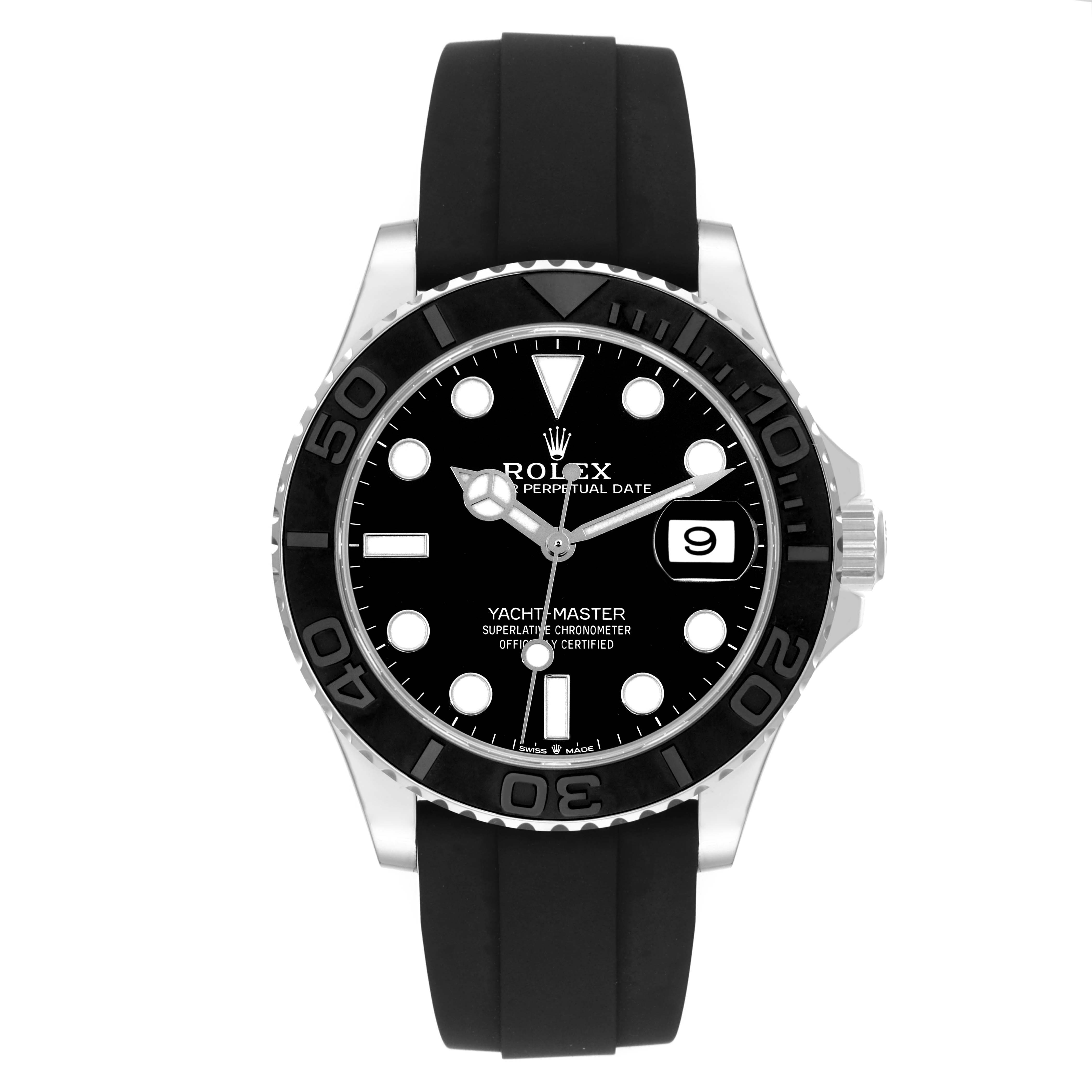 The image shows a frontal view of the Rolex Yacht-Master 226659 Men's White Gold Black Dial 226659 Men's White Gold Black Dial watch featuring its black dial, date window, and rubber strap.