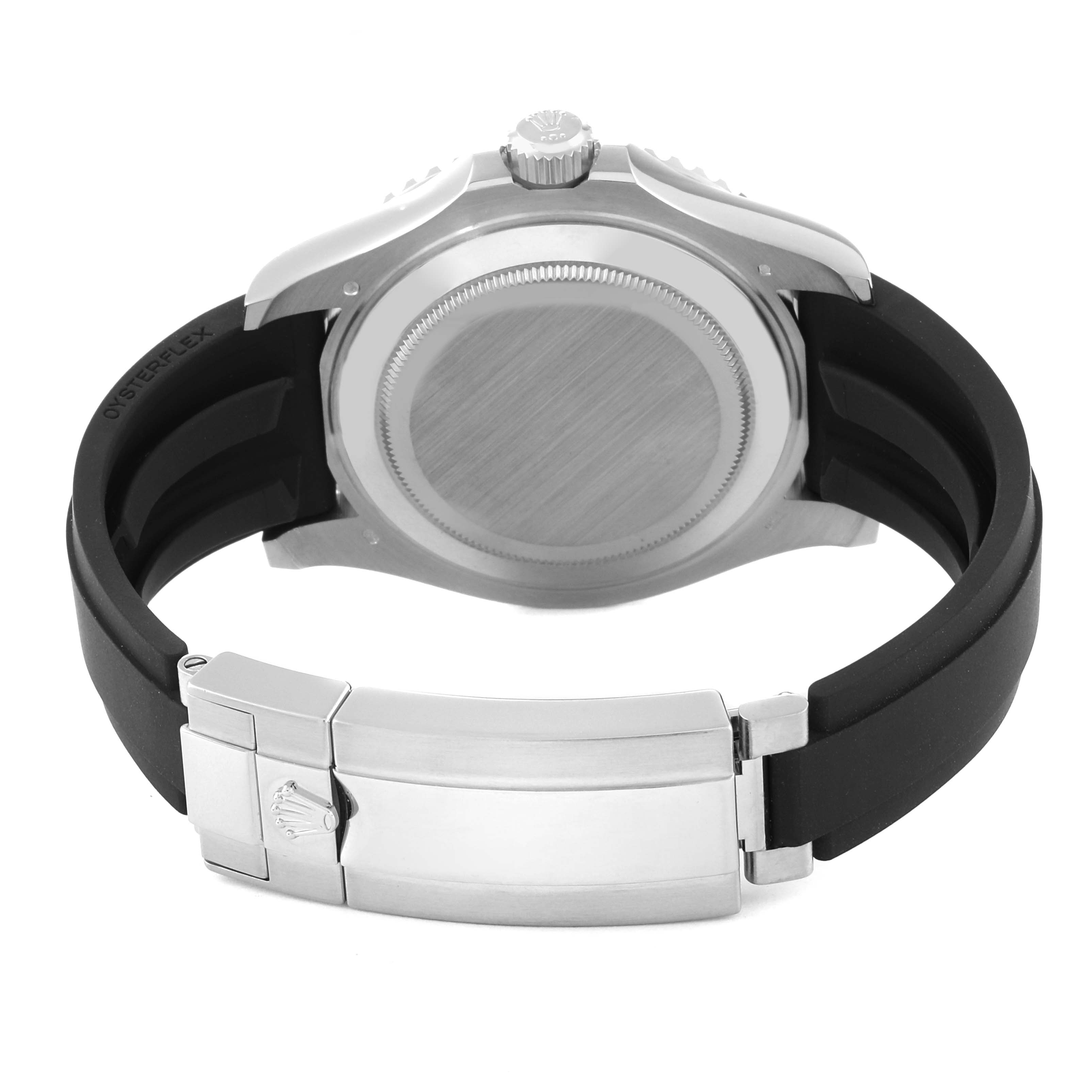 The image shows the back view of a Rolex Yacht-Master 226659 Men's White Gold Black Dial 226659 Men's White Gold Black Dial watch, highlighting the case back, crown, and Oysterflex strap with clasp.