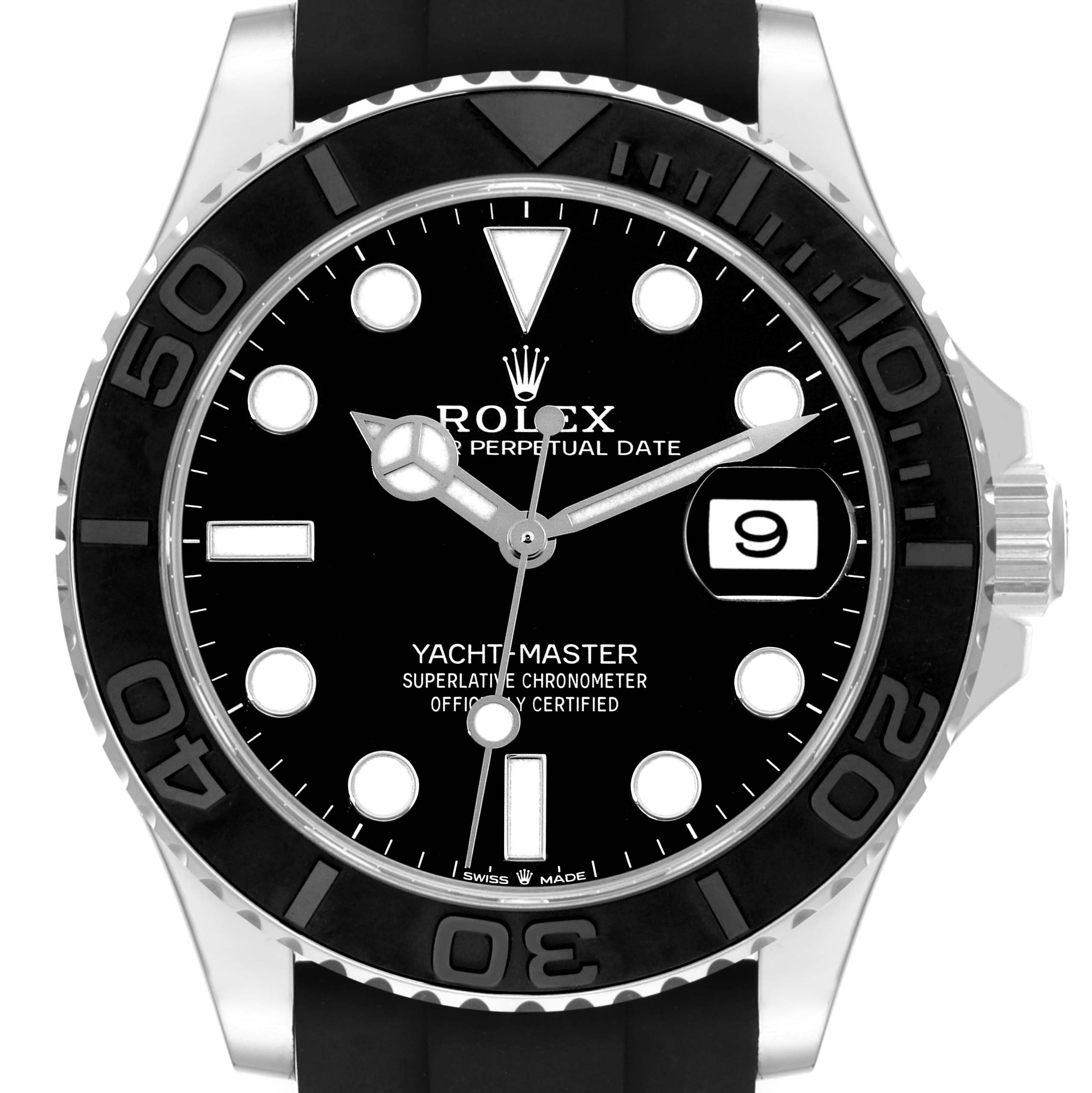 The image shows a front view of a Rolex Yacht-Master 226659 Men's White Gold Black Dial 226659 Men's White Gold Black Dial watch, displaying the dial, hands, bezel, and partial bracelet.