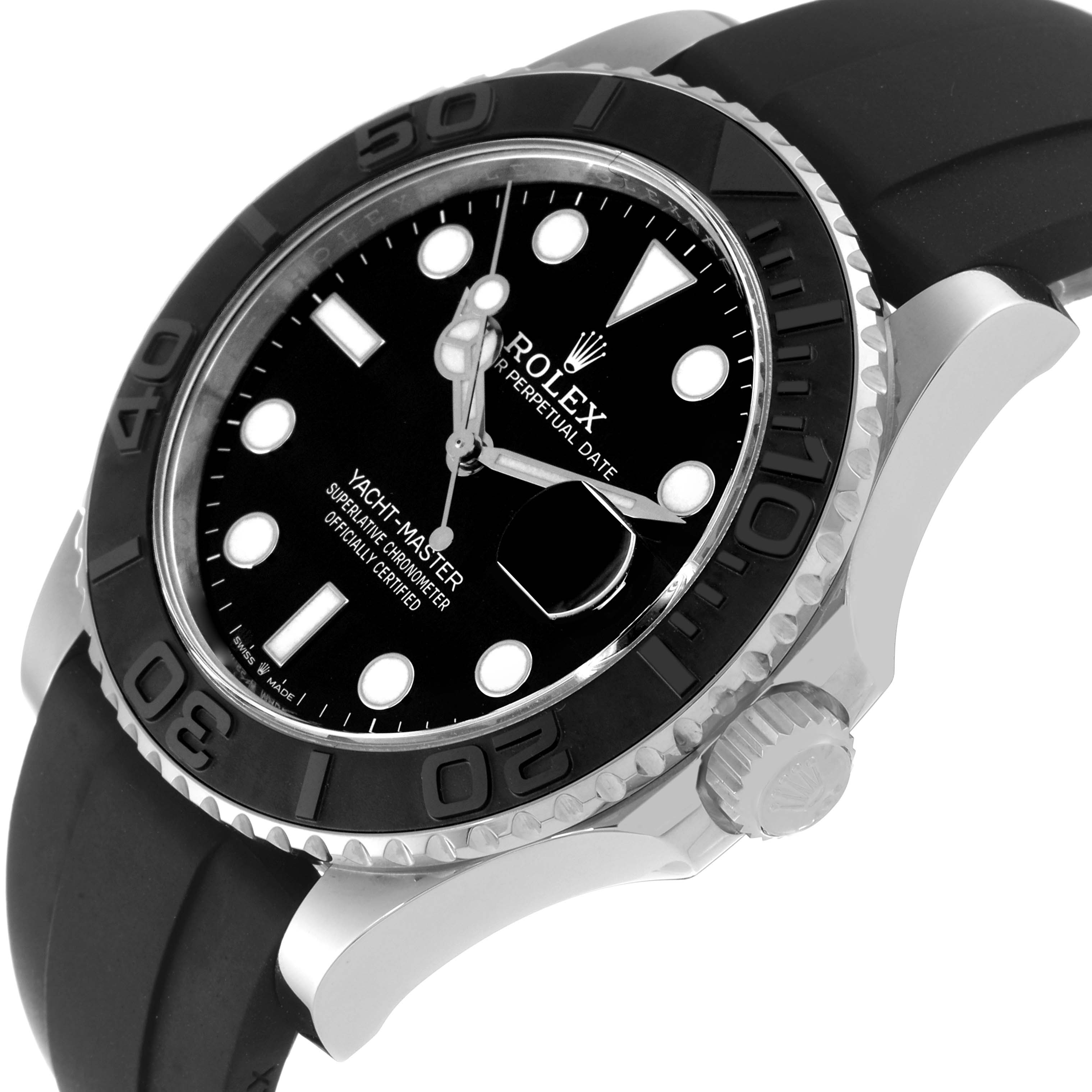 The Rolex Yacht-Master 226659 Men's White Gold Black Dial 226659 Men's White Gold Black Dial watch is shown from an angled top-down view, highlighting its black bezel, dial, and rubber strap.