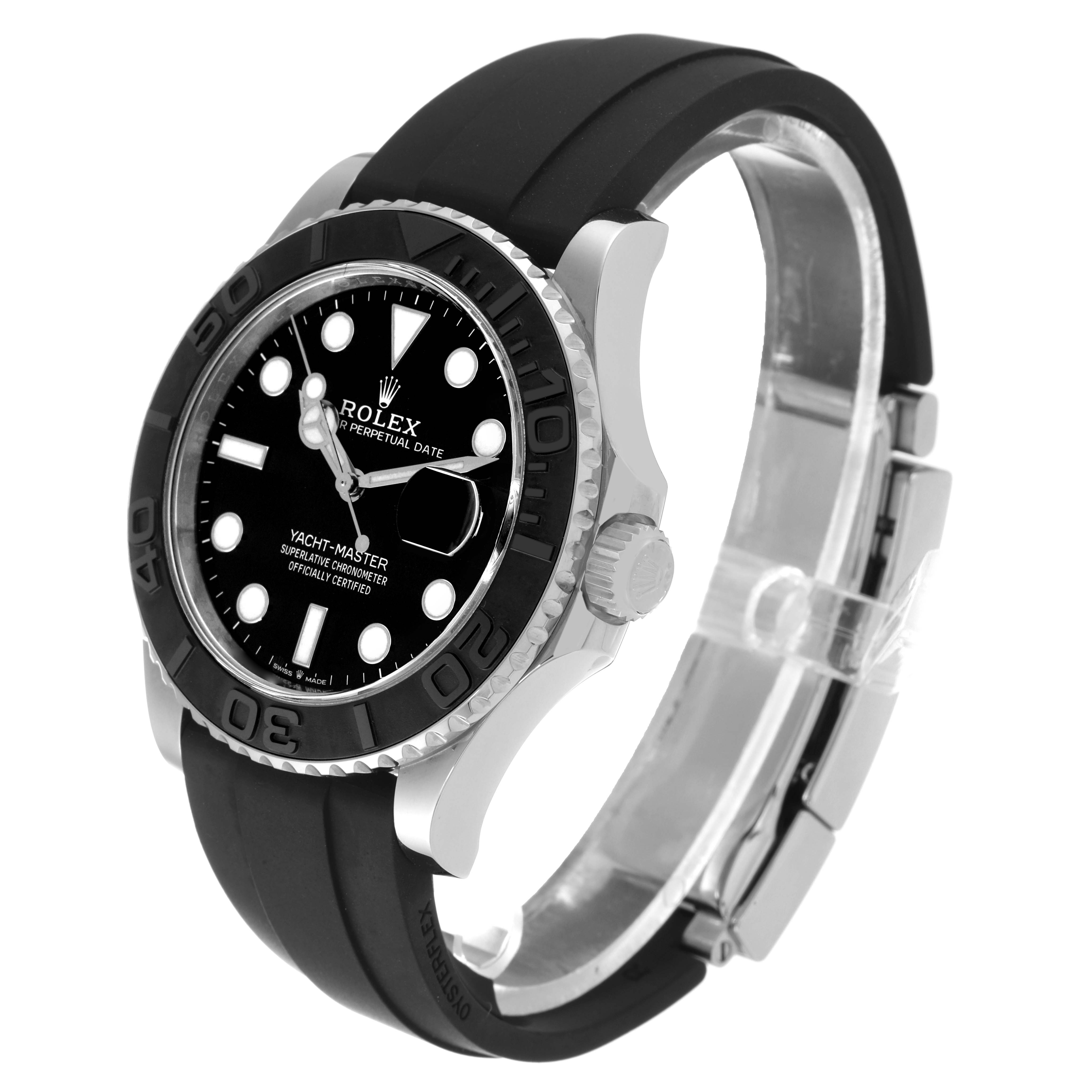 The image shows a side view of the Rolex Yacht-Master 226659 Men's White Gold Black Dial 226659 Men's White Gold Black Dial watch, emphasizing the bezel, dial, and rubber strap.