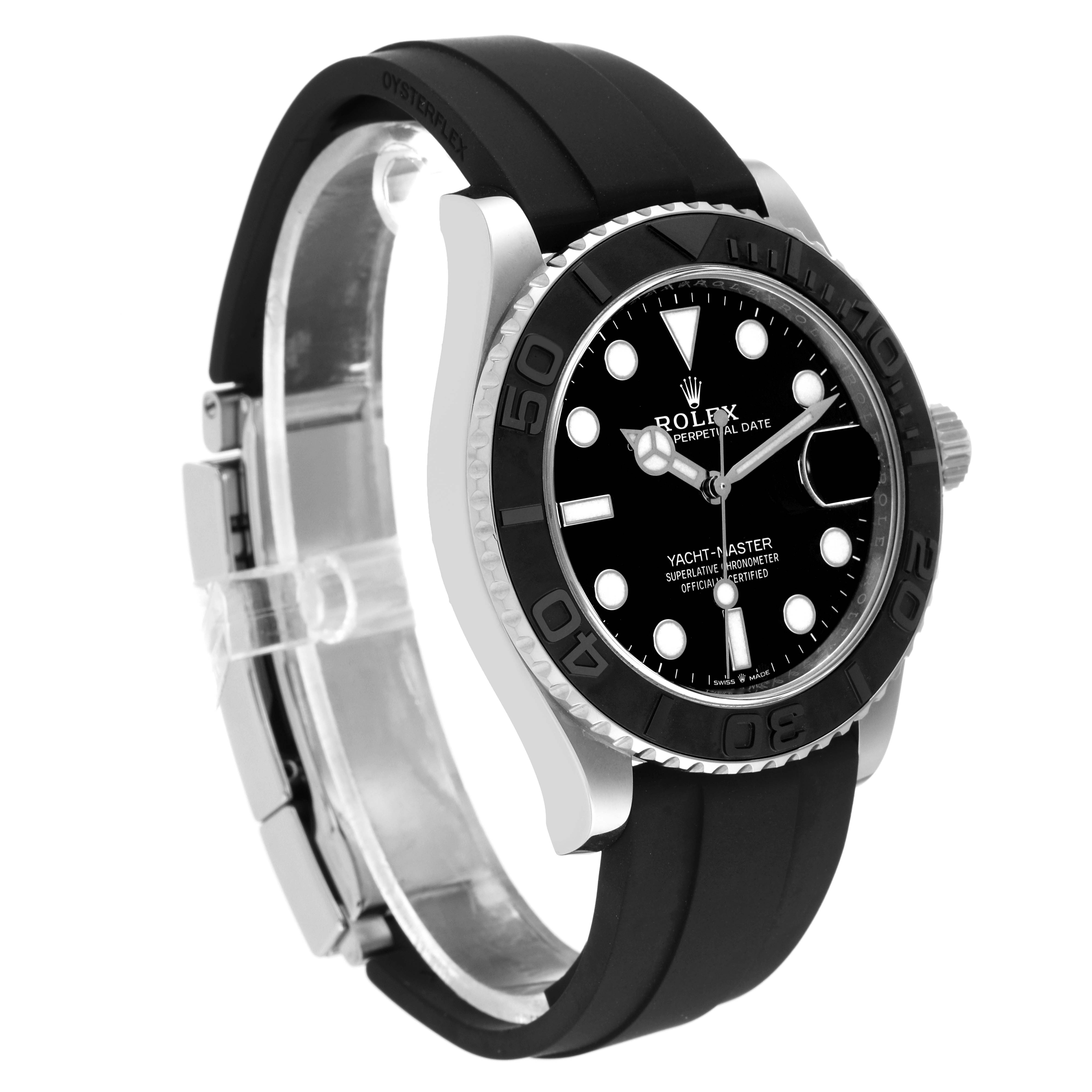 The Rolex Yacht-Master 226659 Men's White Gold Black Dial 226659 Men's White Gold Black Dial watch is shown at an angled side view, displaying the face, bezel, crown, and rubber strap.