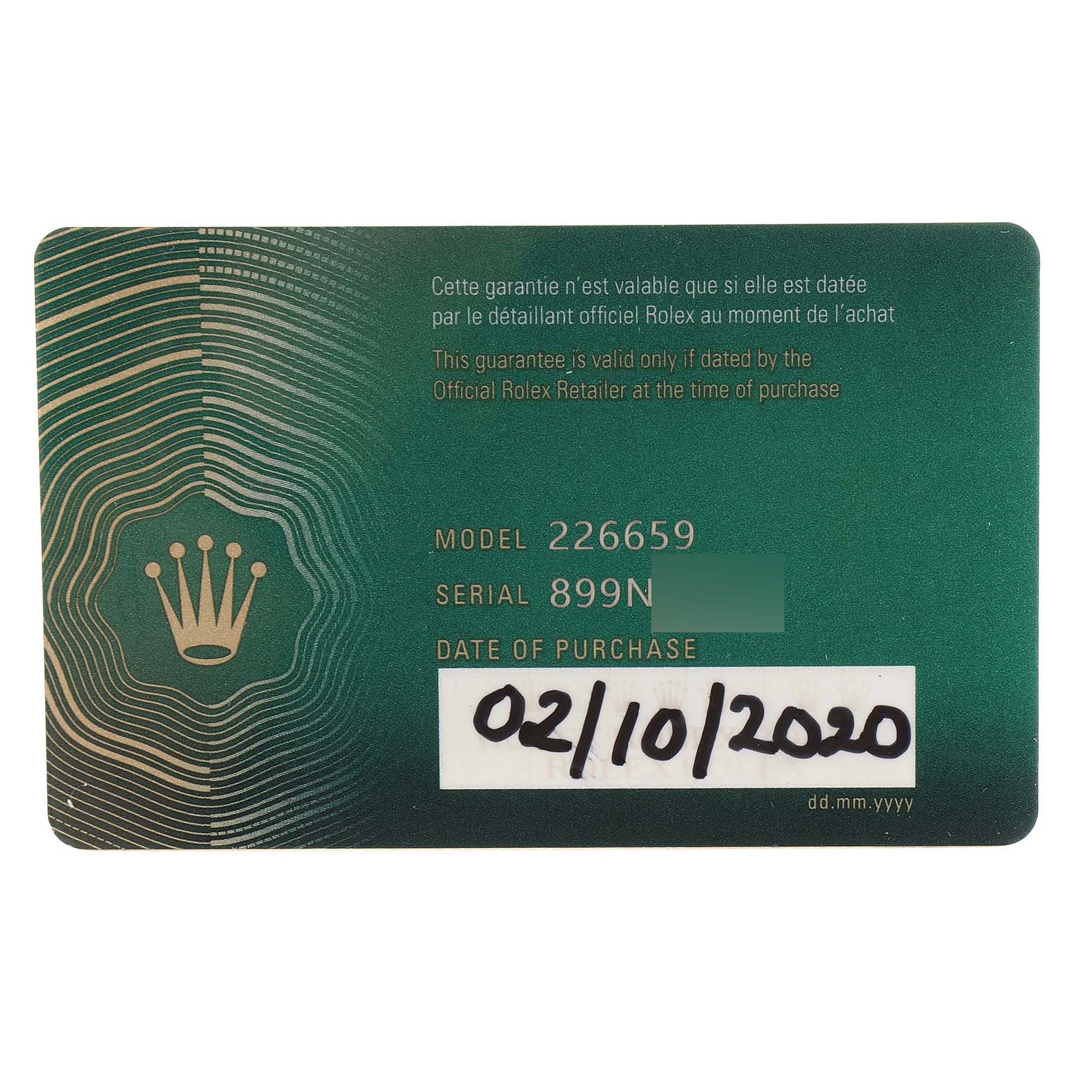 The image shows a warranty card for a Rolex Yacht-Master 226659 Men's White Gold Black Dial 226659 Men's White Gold Black Dial model 226659, serial number partially hidden, dated 02/10/2020.