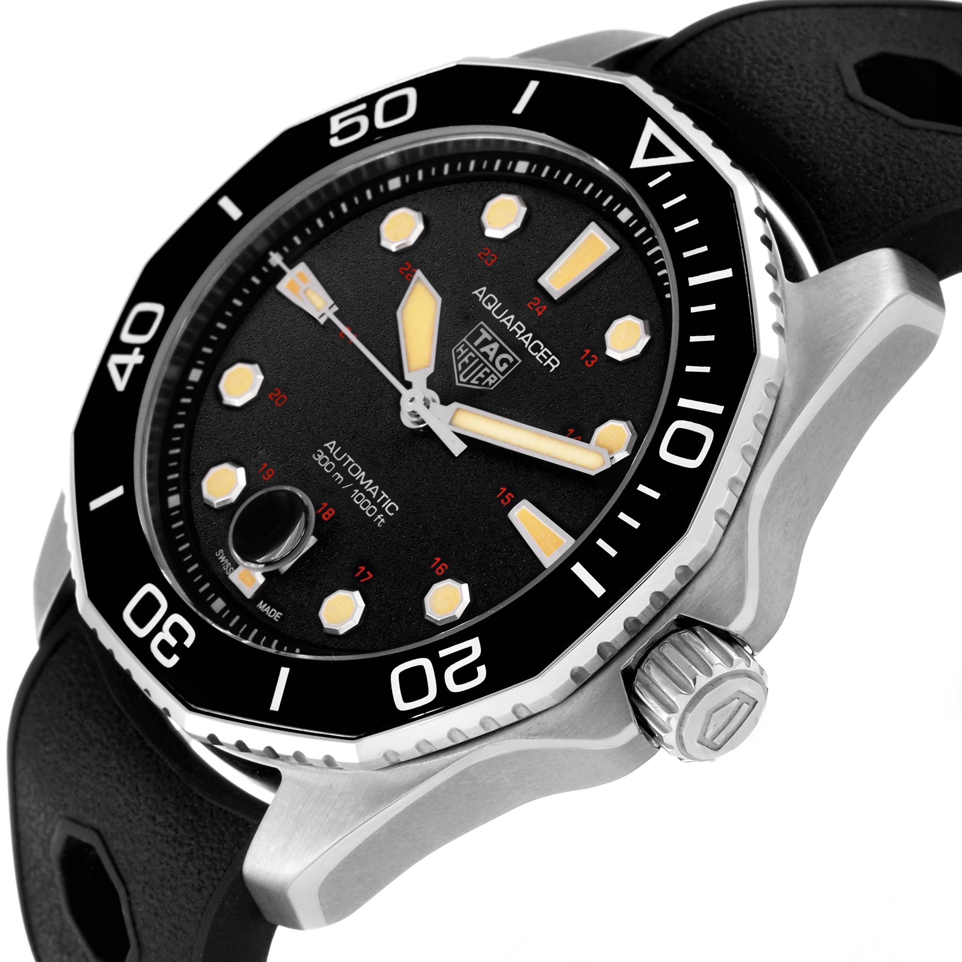 This image shows a close-up side angle of the Tag Heuer Aquaracer Limited Edition watch, highlighting the dial, bezel, crown, and strap.