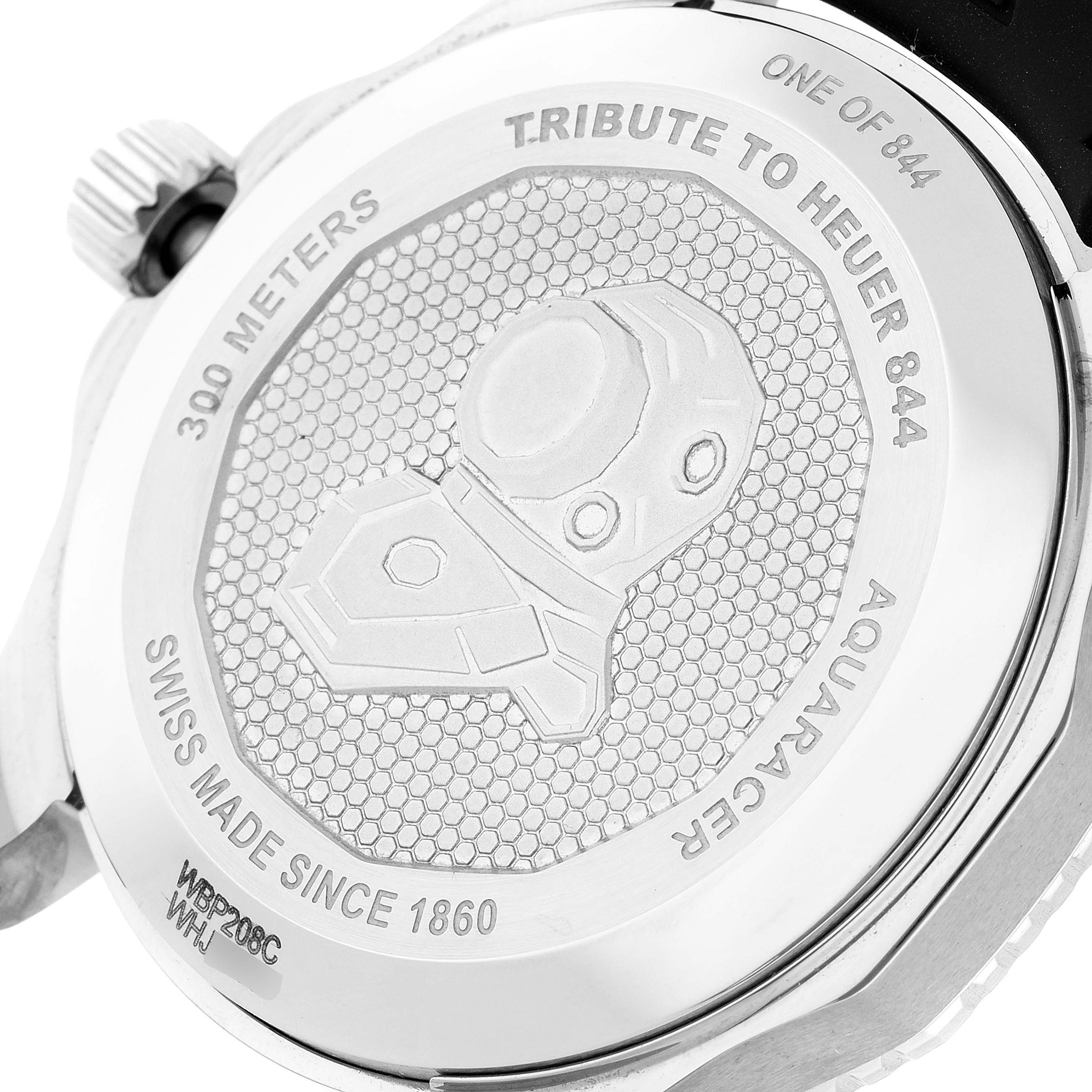 This image shows the back case of the Limited Edition Tag Heuer Aquaracer Tribute to Heuer 844 watch, detailing its engravings.