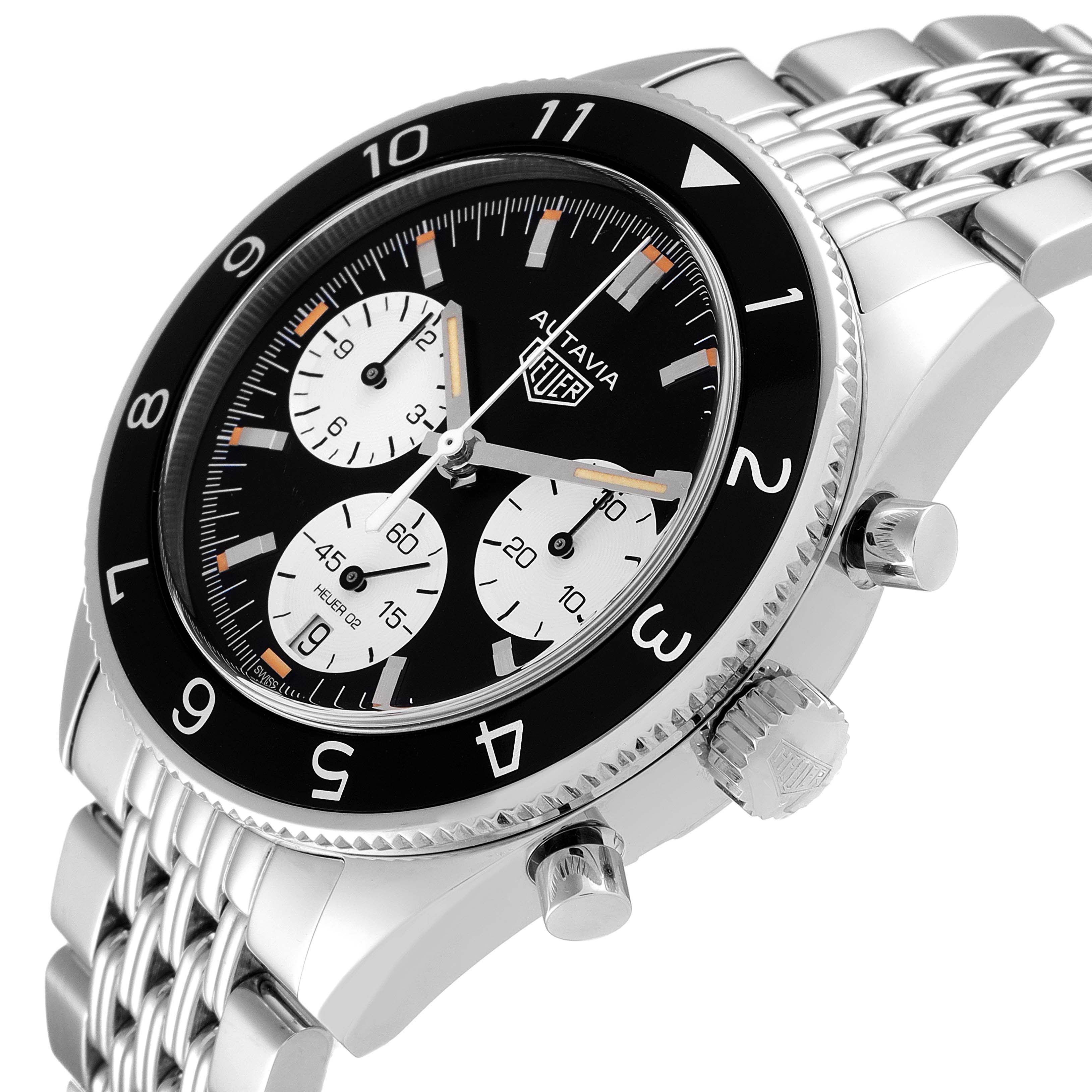 This image shows a side angle of the Tag Heuer Autavia CBE2110.BA0687 Men's Stainless Steel Black Dial CBE2110.BA0687 Men's Stainless Steel Black Dial watch, displaying its bezel, dial, and crown.