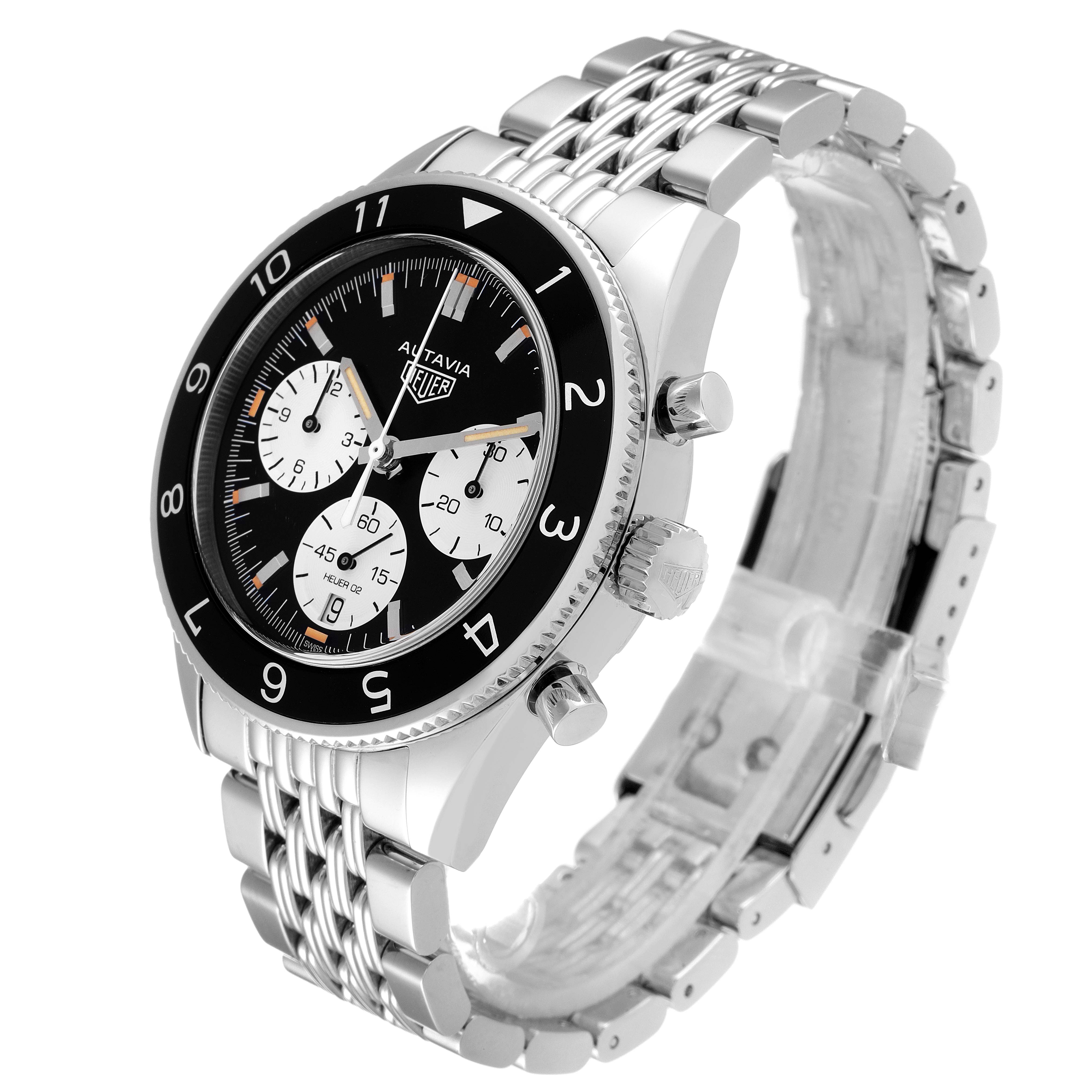 The image shows a side-front angle of the Tag Heuer Autavia CBE2110.BA0687 Men's Stainless Steel Black Dial CBE2110.BA0687 Men's Stainless Steel Black Dial watch, highlighting the face, dials, crown, and stainless steel band.