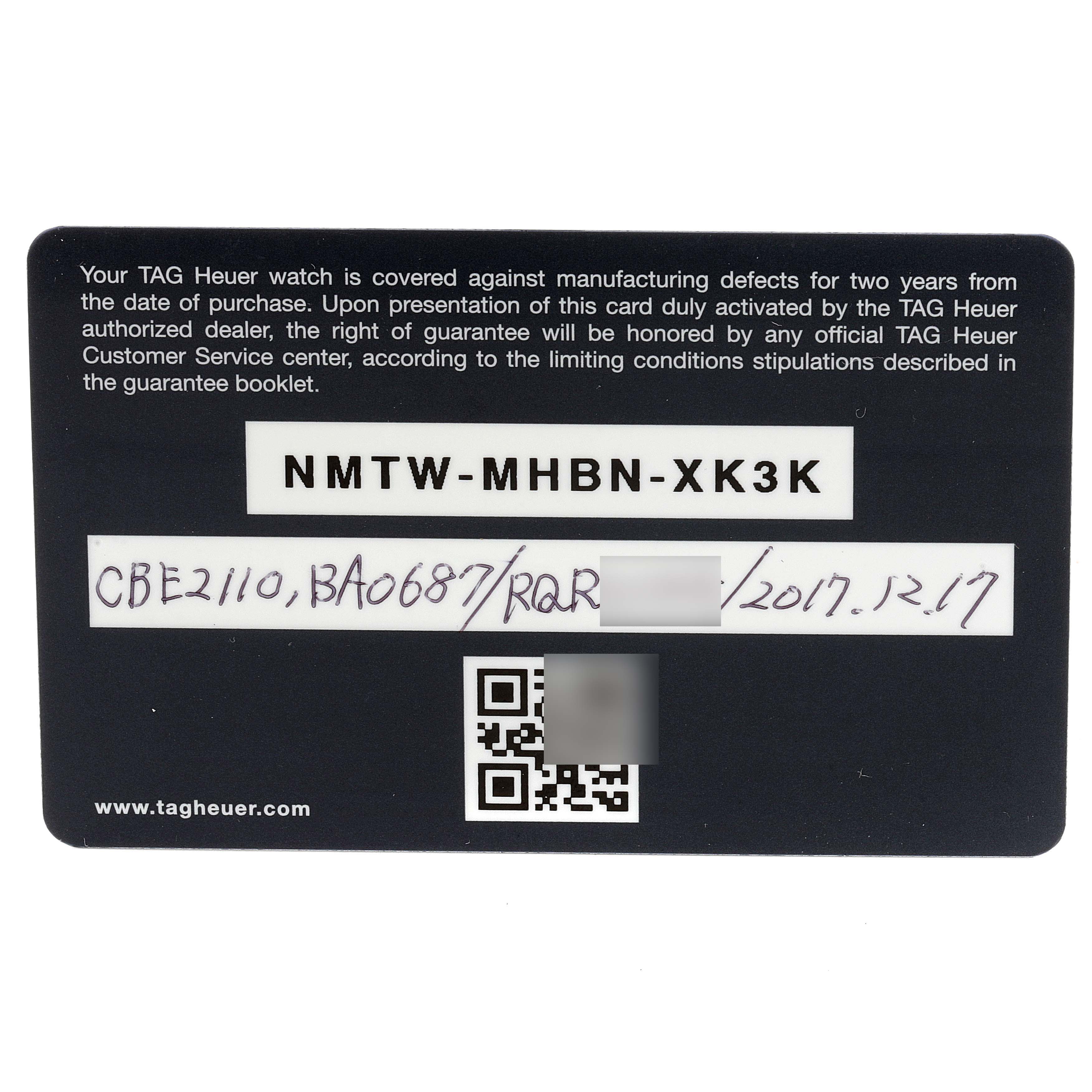 Shown is a Tag Heuer Autavia CBE2110.BA0687 Men's Stainless Steel Black Dial CBE2110.BA0687 Men's Stainless Steel Black Dial model warranty card featuring serial numbers and purchase information.