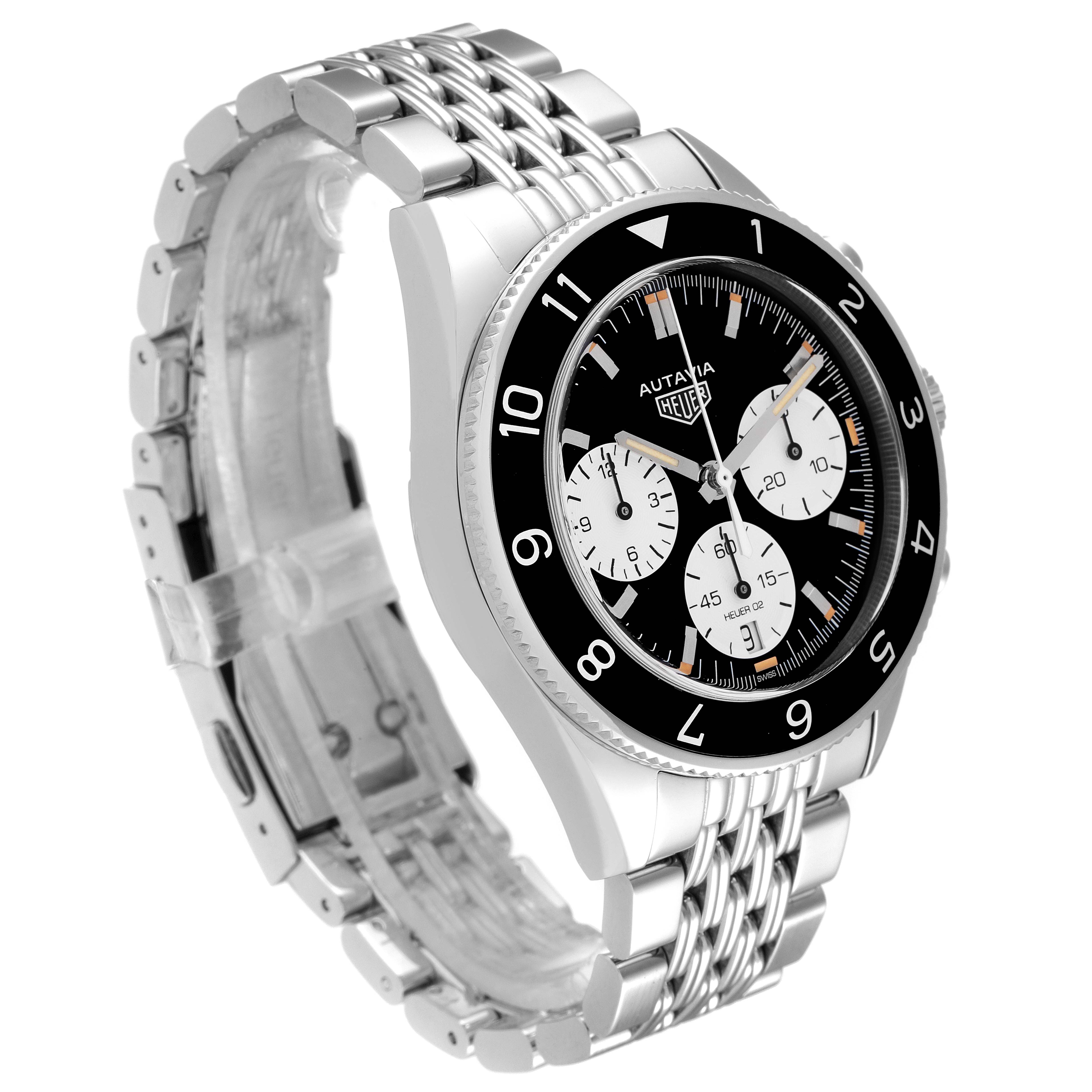 The image shows a side view of the Tag Heuer Autavia CBE2110.BA0687 Men's Stainless Steel Black Dial CBE2110.BA0687 Men's Stainless Steel Black Dial watch, highlighting the dial, bezel, and metal bracelet.