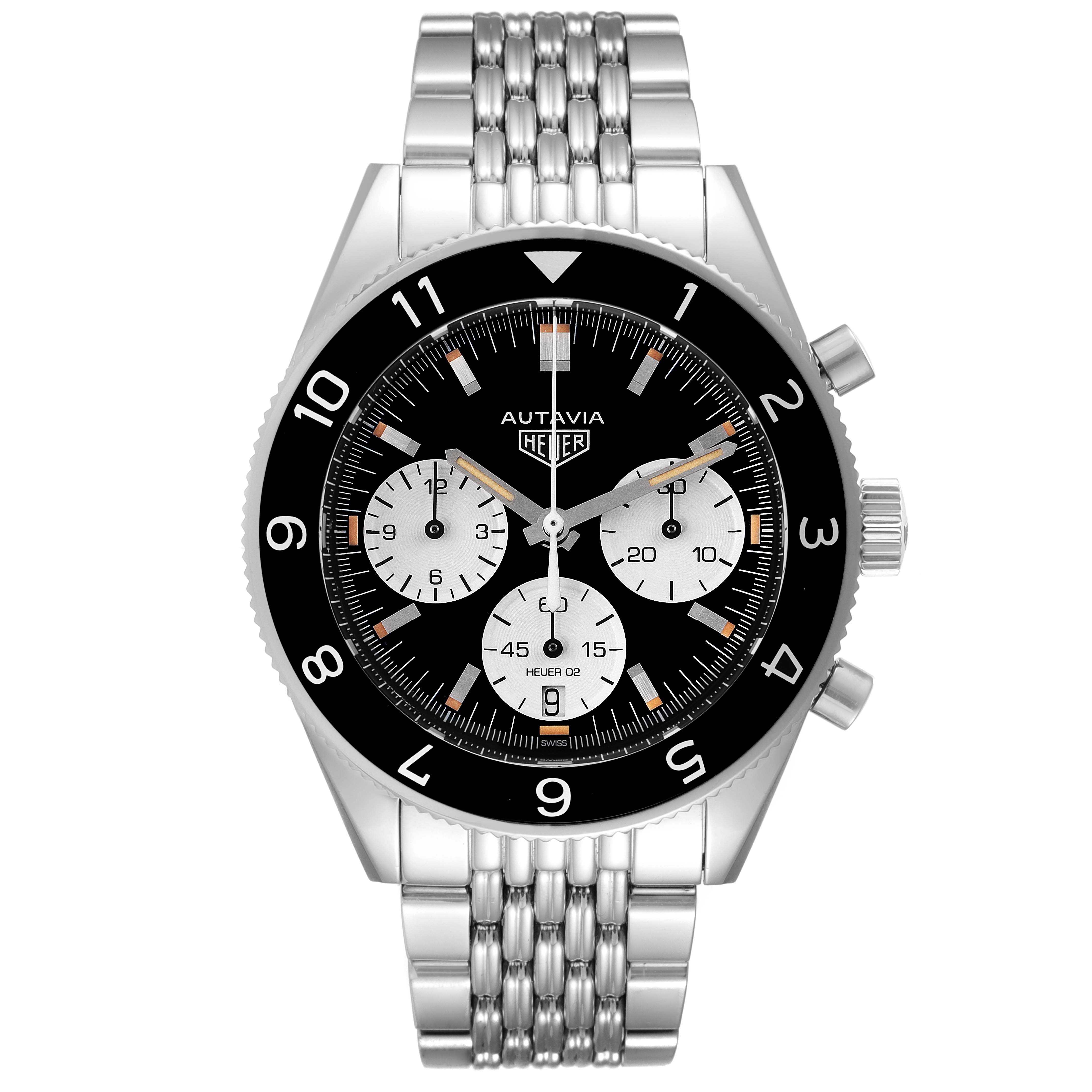 The image shows a front view of a Tag Heuer Autavia CBE2110.BA0687 Men's Stainless Steel Black Dial CBE2110.BA0687 Men's Stainless Steel Black Dial model watch, displaying its dial, chronograph, and metal bracelet.