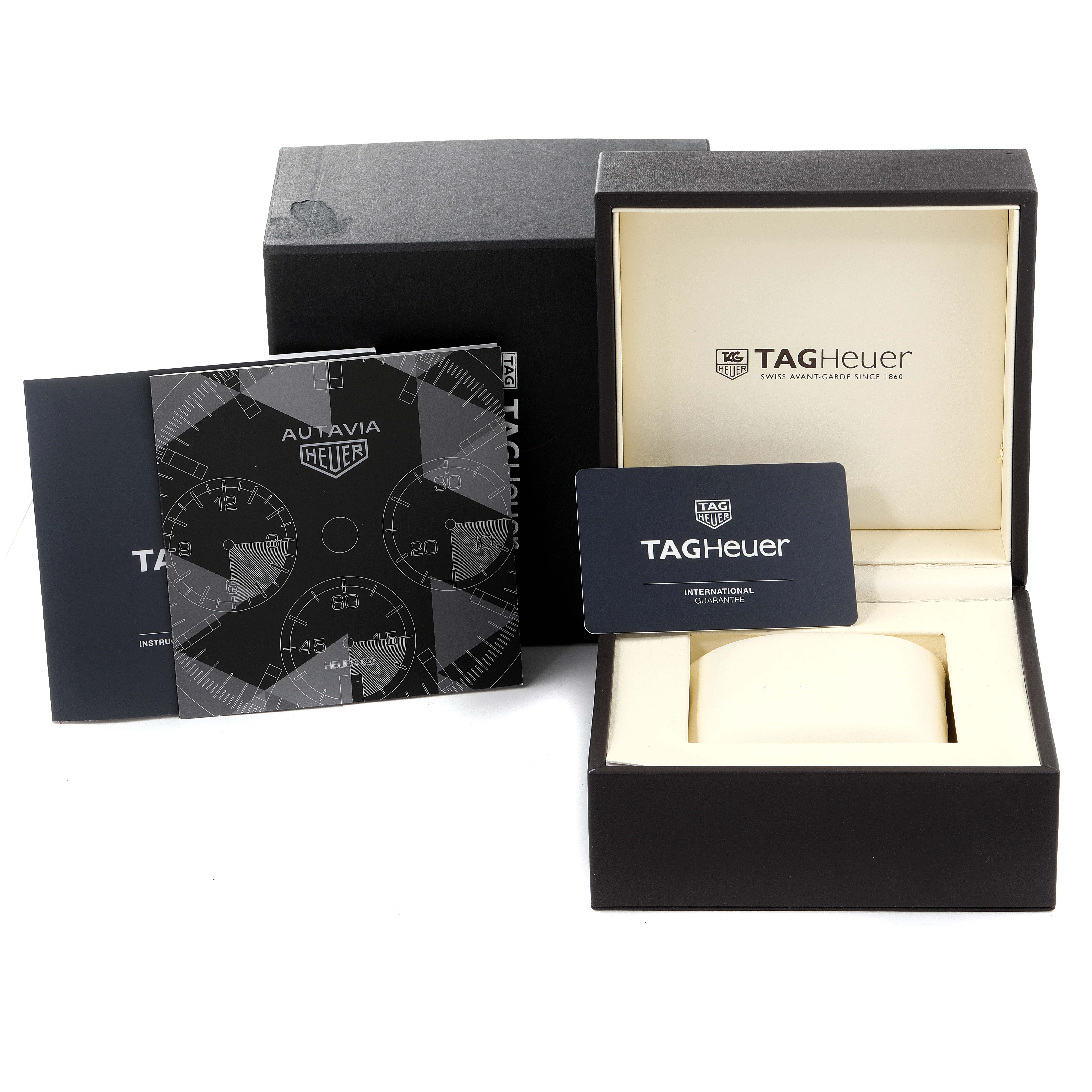 The image shows the packaging, instruction manual, international guarantee card, and box for a Tag Heuer Autavia CBE2110.BA0687 Men's Stainless Steel Black Dial CBE2110.BA0687 Men's Stainless Steel Black Dial watch.