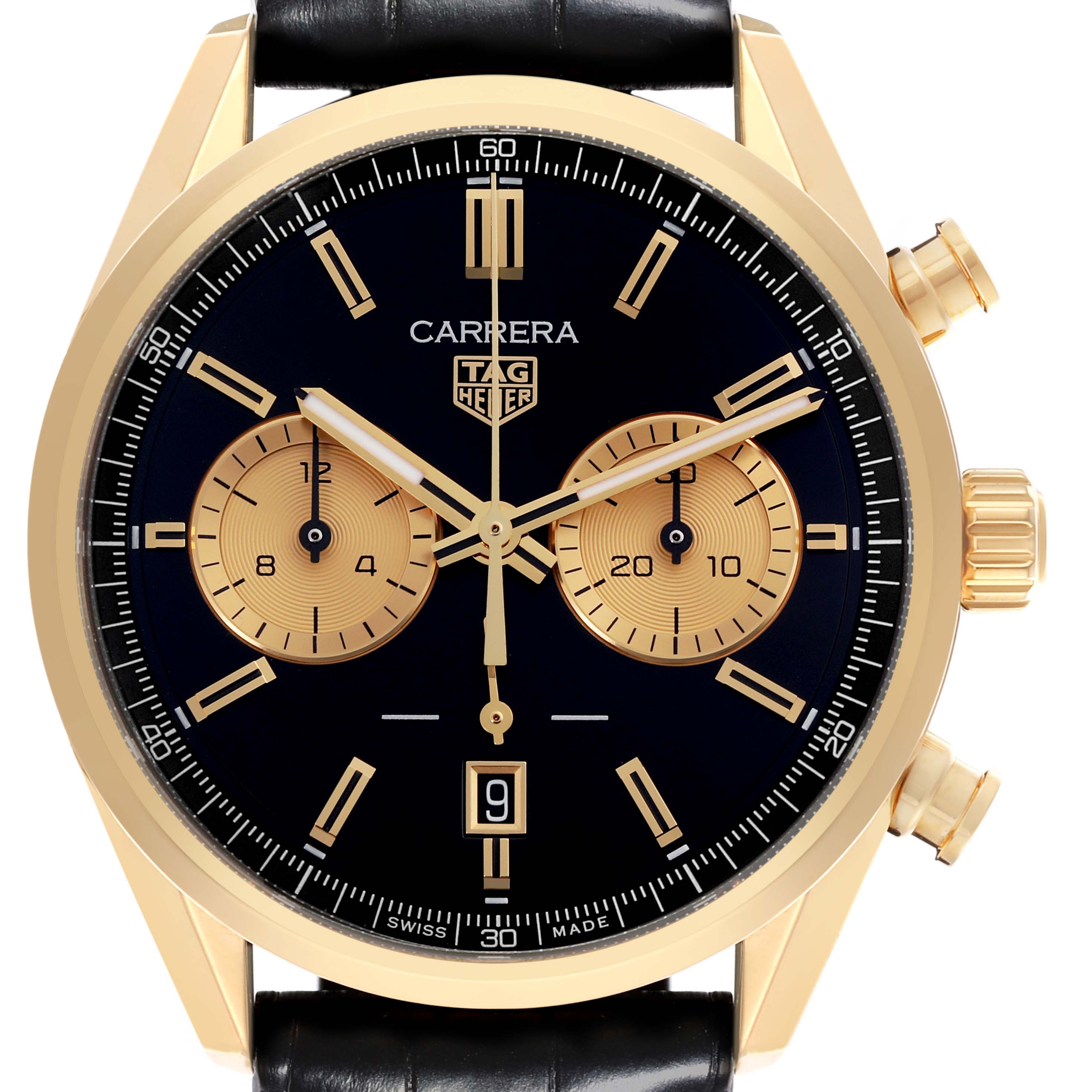 The Tag Heuer Carrera CBN2044.FC8313 Men's Yellow Gold Black Dial CBN2044.FC8313 Men's Yellow Gold Black Dial watch is shown from a front angle, highlighting the gold case, black dial, subdials, and crown.