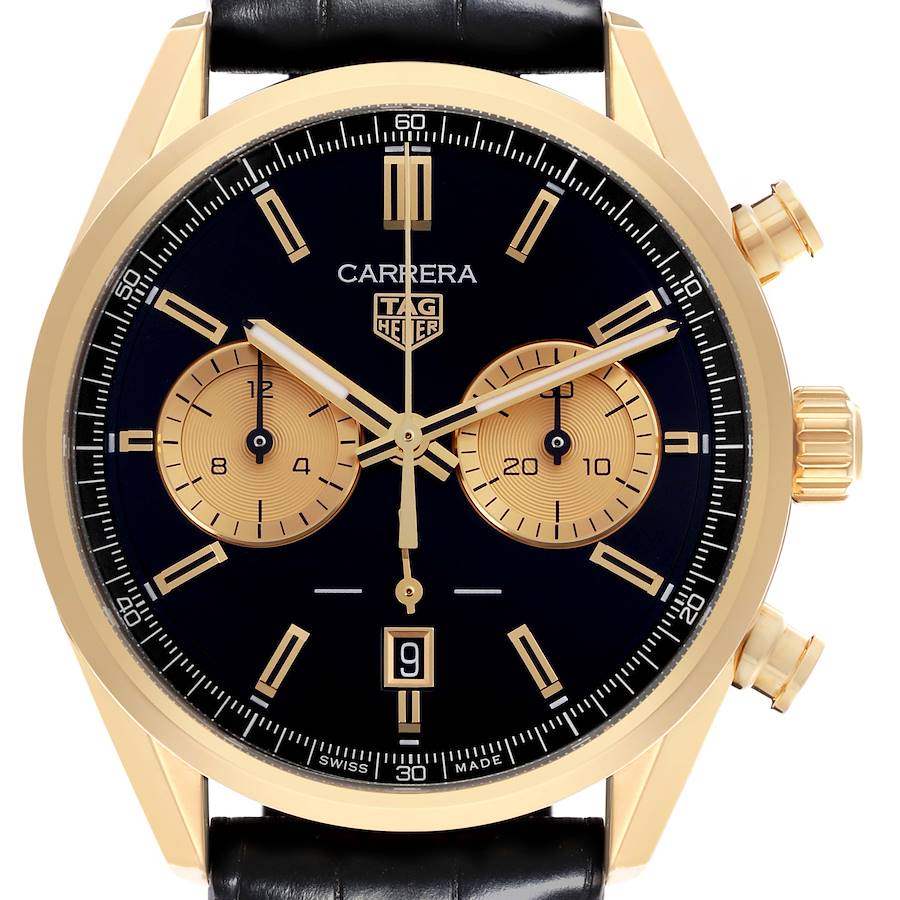 The Tag Heuer Carrera watch is shown from a front angle, highlighting the gold case, black dial, subdials, and crown.