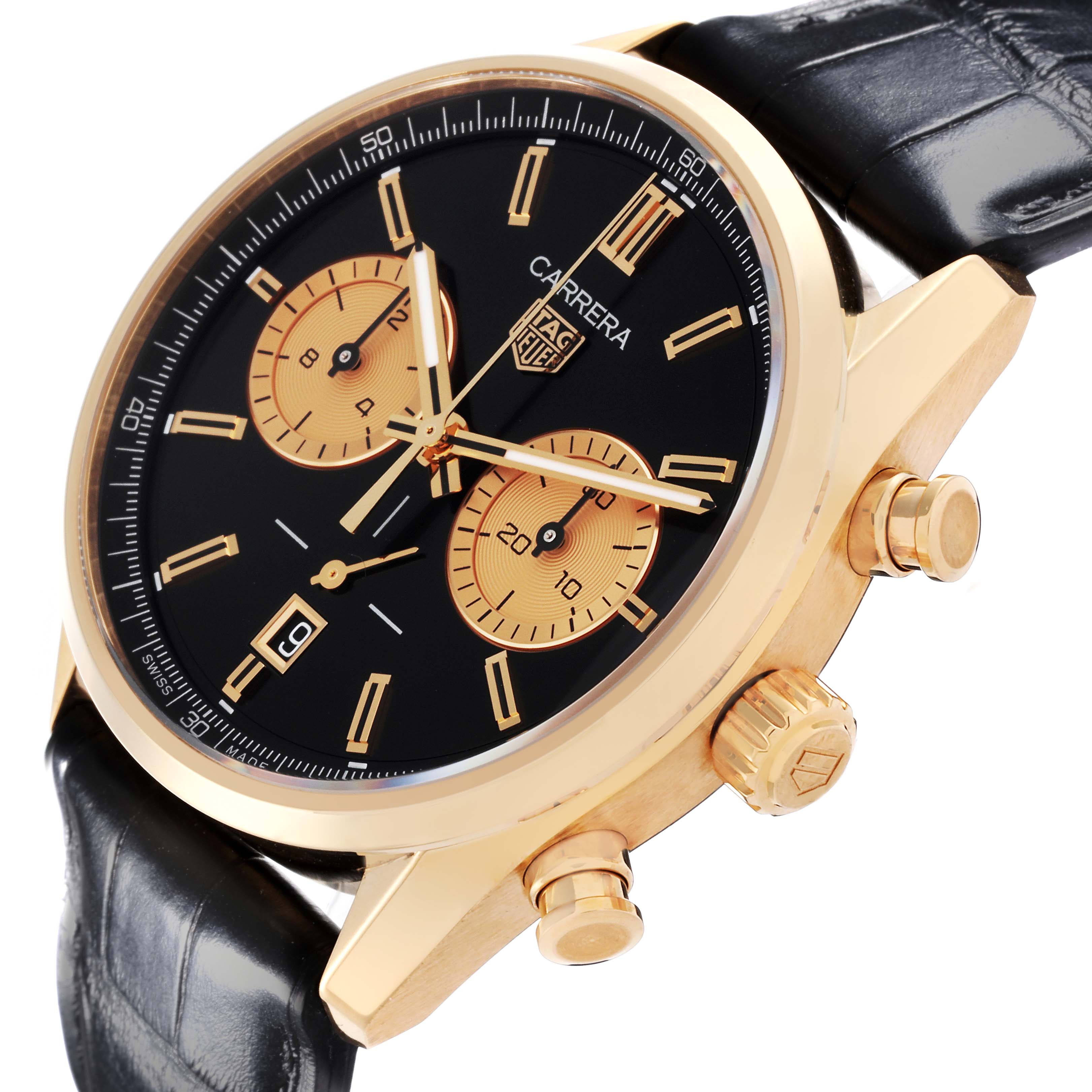 The Tag Heuer Carrera CBN2044.FC8313 Men's Yellow Gold Black Dial CBN2044.FC8313 Men's Yellow Gold Black Dial watch is shown from a side angle, highlighting the black dial, gold case, sub-dials, crown, and black strap.
