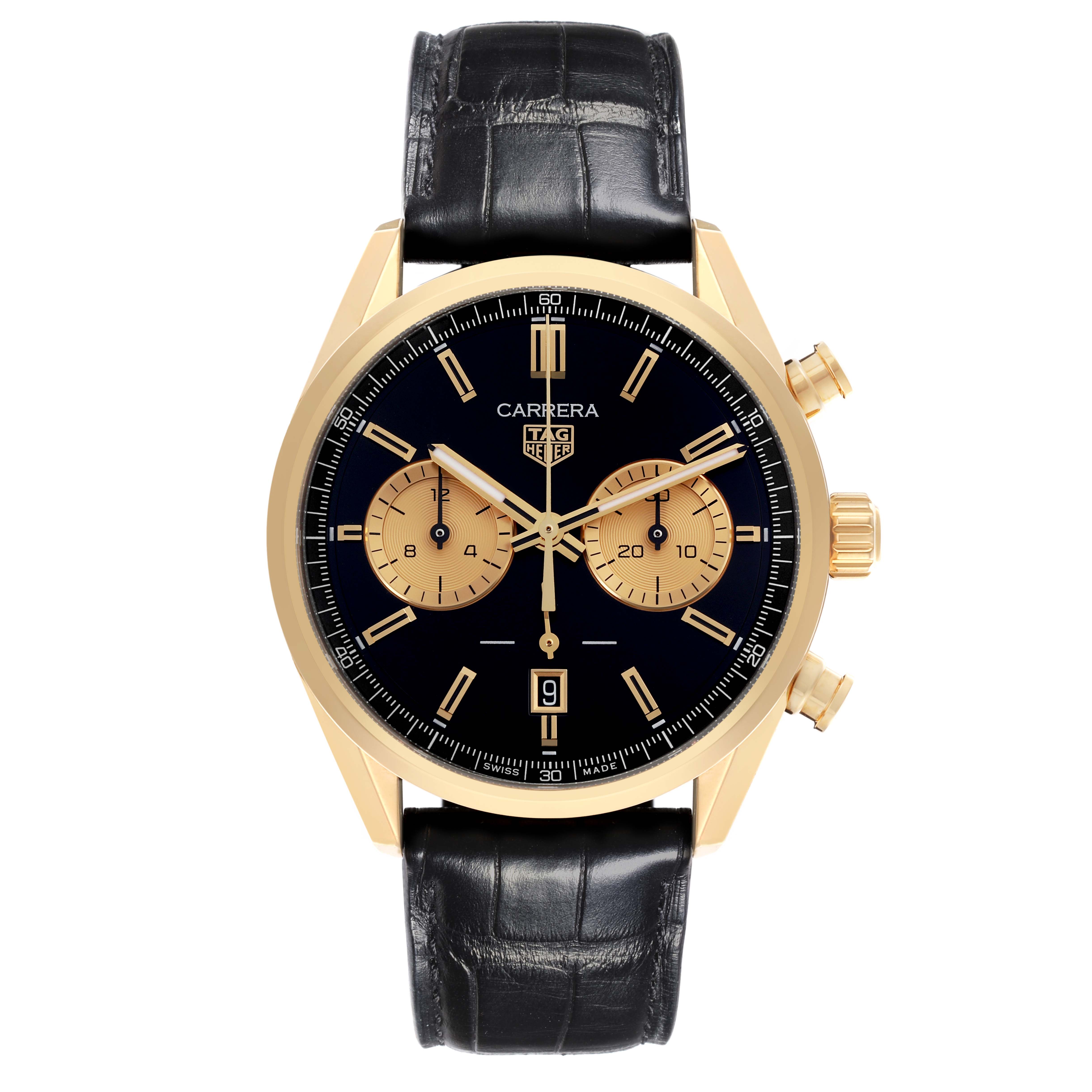 The Tag Heuer Carrera CBN2044.FC8313 Men's Yellow Gold Black Dial CBN2044.FC8313 Men's Yellow Gold Black Dial watch is shown from a front view, displaying its black dial, chronograph subdials, and gold case.