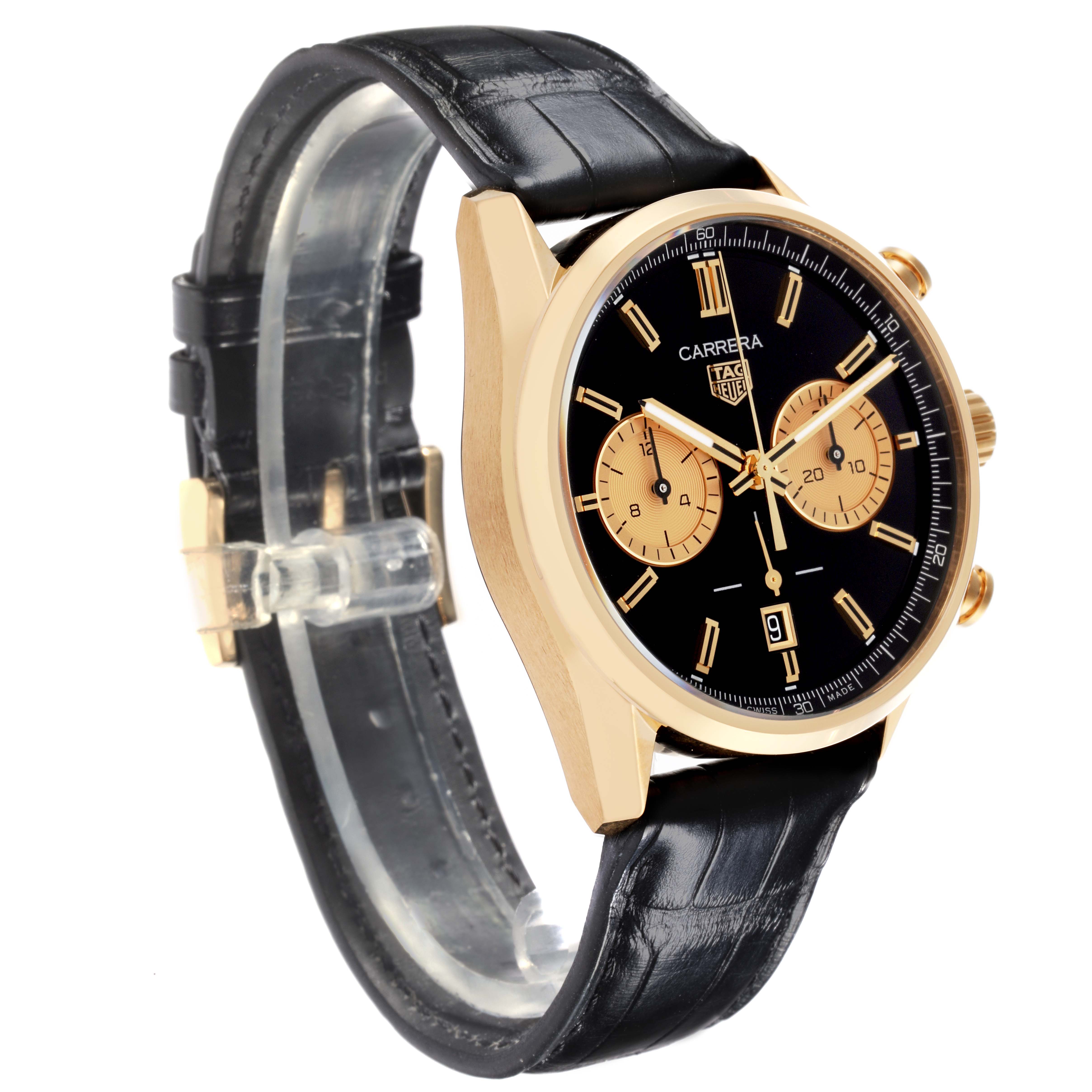 The image shows a Tag Heuer Carrera CBN2044.FC8313 Men's Yellow Gold Black Dial CBN2044.FC8313 Men's Yellow Gold Black Dial watch at a three-quarter angle, highlighting the black leather strap and gold case.