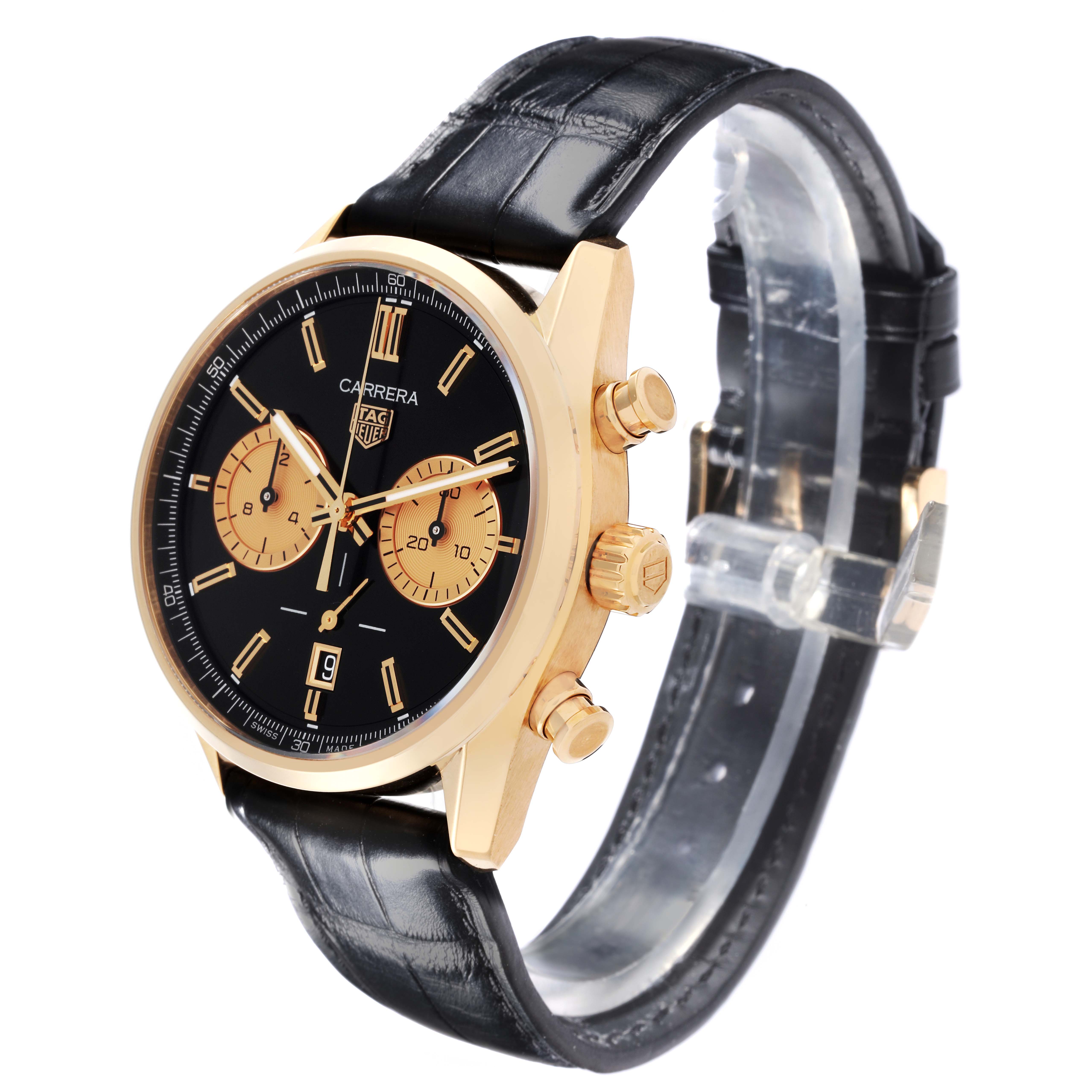 The Tag Heuer Carrera CBN2044.FC8313 Men's Yellow Gold Black Dial CBN2044.FC8313 Men's Yellow Gold Black Dial watch is shown at a three-quarter angle, displaying its face, crown, pushers, and leather strap.