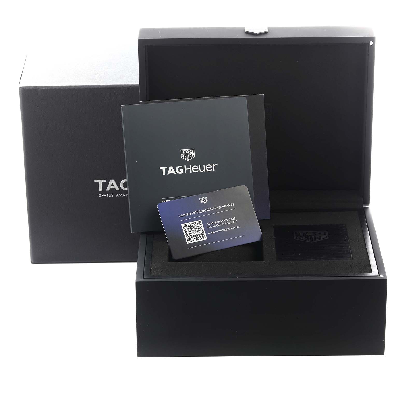 The image shows the packaging and accessories of a Tag Heuer Carrera CBN2044.FC8313 Men's Yellow Gold Black Dial CBN2044.FC8313 Men's Yellow Gold Black Dial, featuring the box, warranty card, and booklet from a front angle.