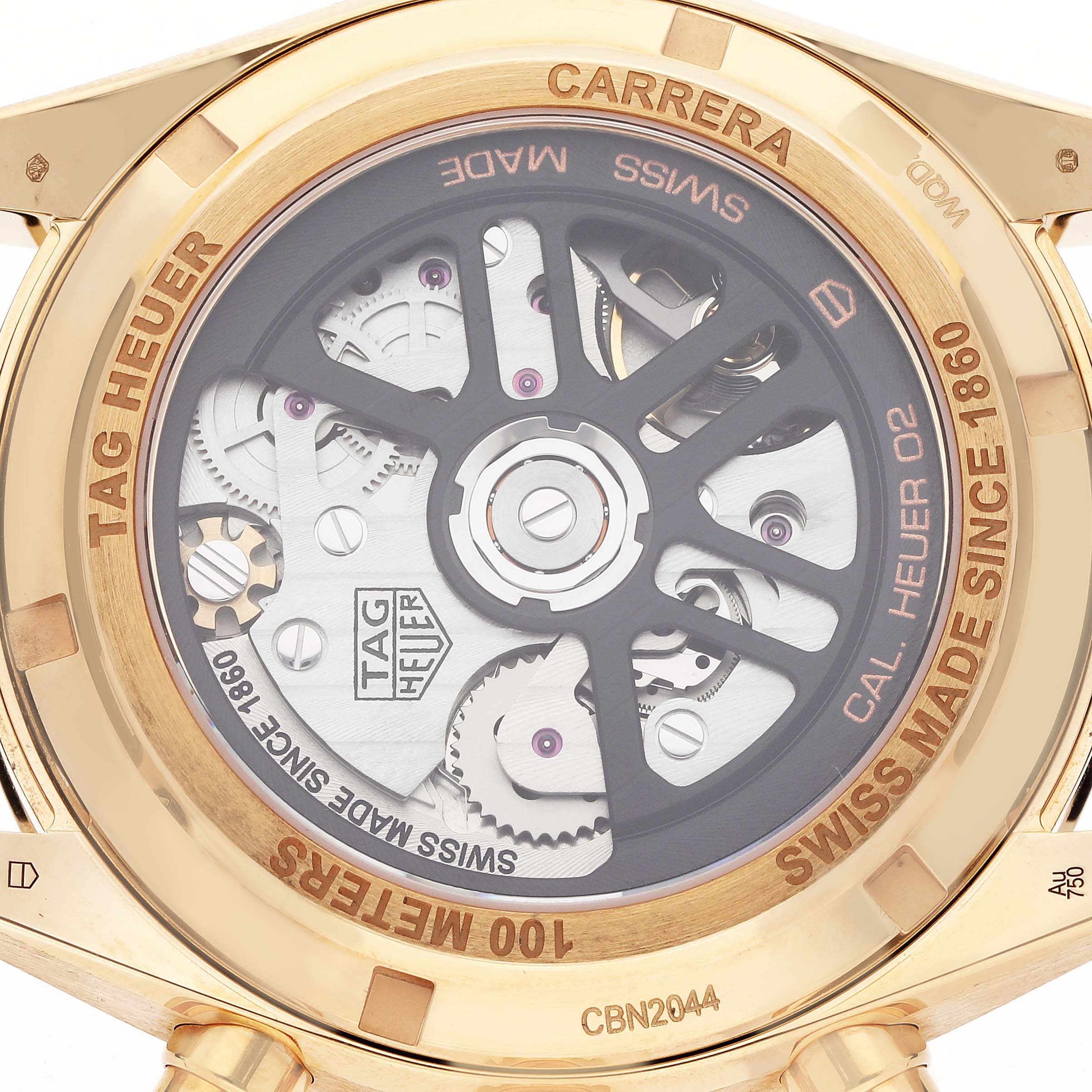 The image shows the back angle of the Tag Heuer Carrera CBN2044.FC8313 Men's Yellow Gold Black Dial CBN2044.FC8313 Men's Yellow Gold Black Dial watch, focusing on its movement and transparent case back.