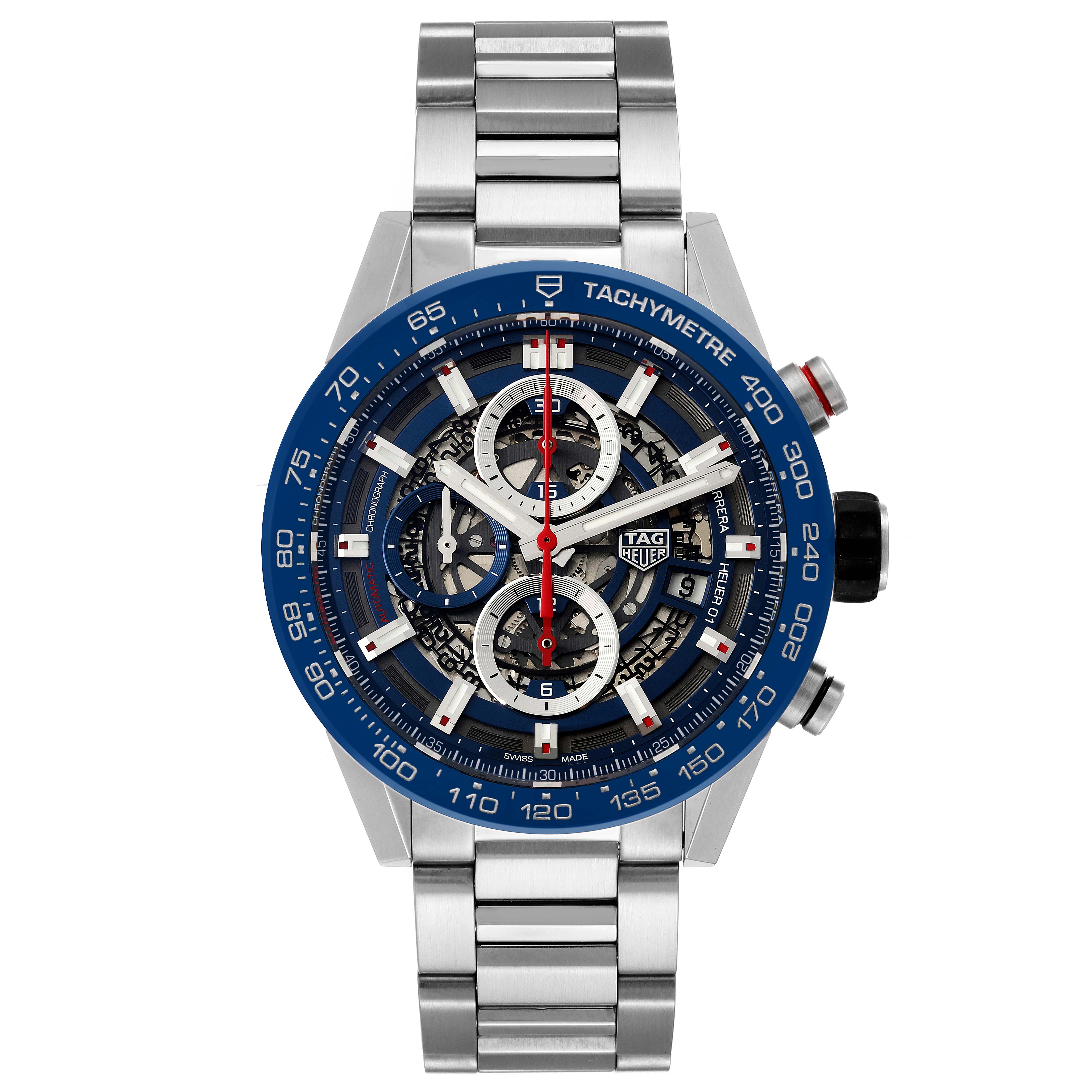 This image shows the front view of a Tag Heuer Carrera CAR201T Men's Stainless Steel Blue Dial CAR201T Men's Stainless Steel Blue Dial watch, showcasing the dial, tachymeter bezel, and stainless steel bracelet.