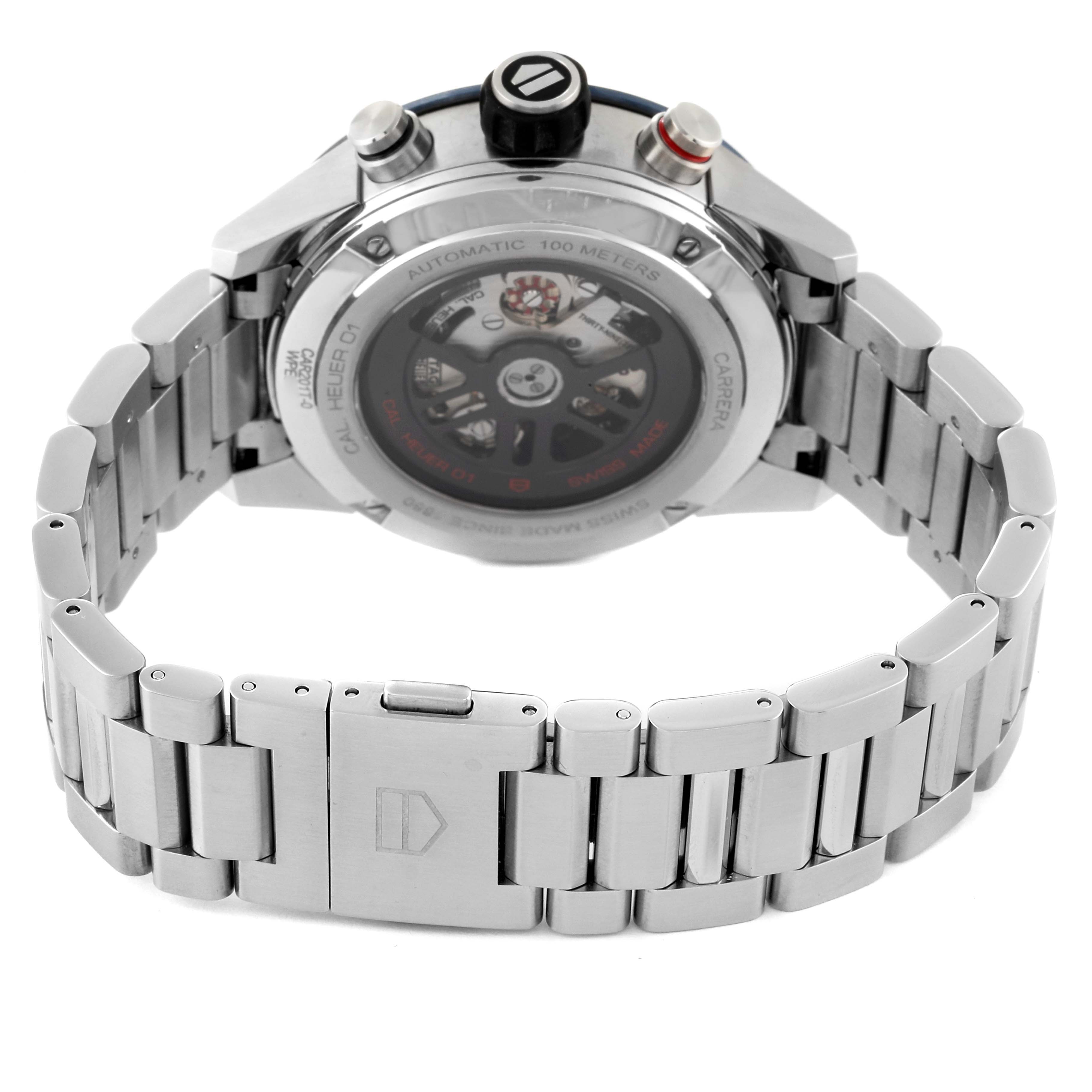 This image shows the back of a Tag Heuer Carrera CAR201T Men's Stainless Steel Blue Dial CAR201T Men's Stainless Steel Blue Dial watch, including its automatic movement and metal bracelet.