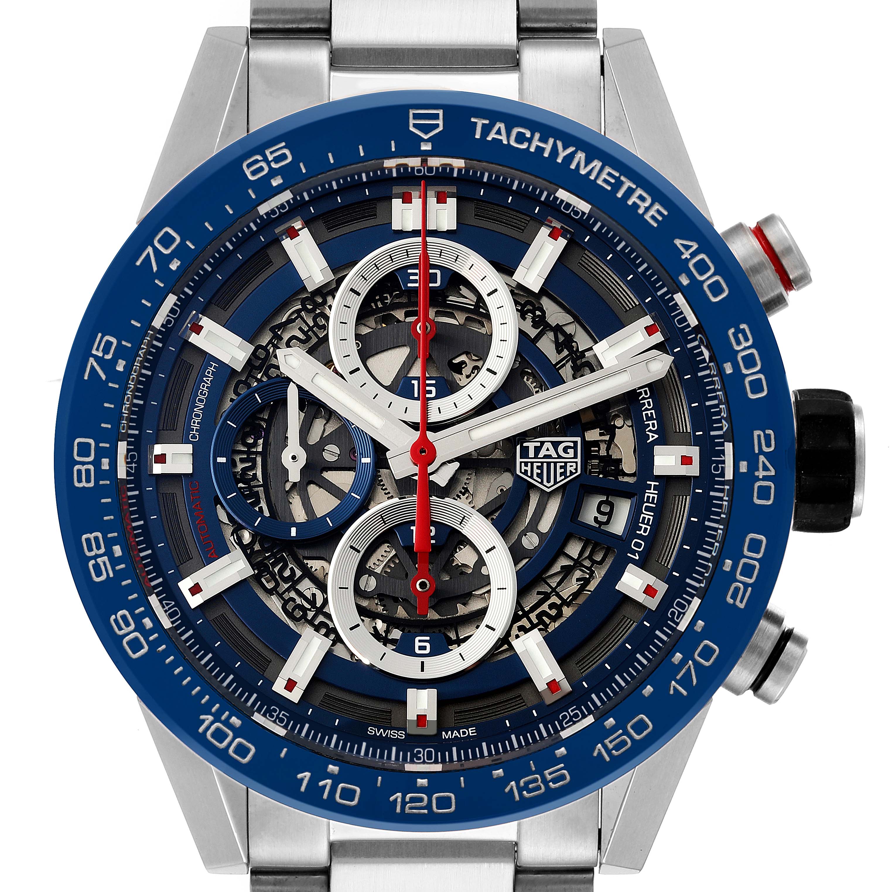 Front angle of the Tag Heuer Carrera CAR201T Men's Stainless Steel Blue Dial CAR201T Men's Stainless Steel Blue Dial watch showing the dial, tachymeter bezel, subdials, and part of the bracelet.