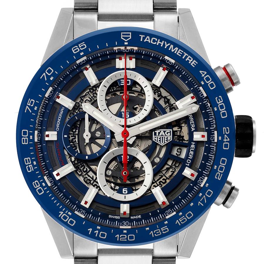 Tag Heuer Carrera Blue Skeleton Dial Chronograph Mens Watch CAR201T Box Card SwissWatchExpo