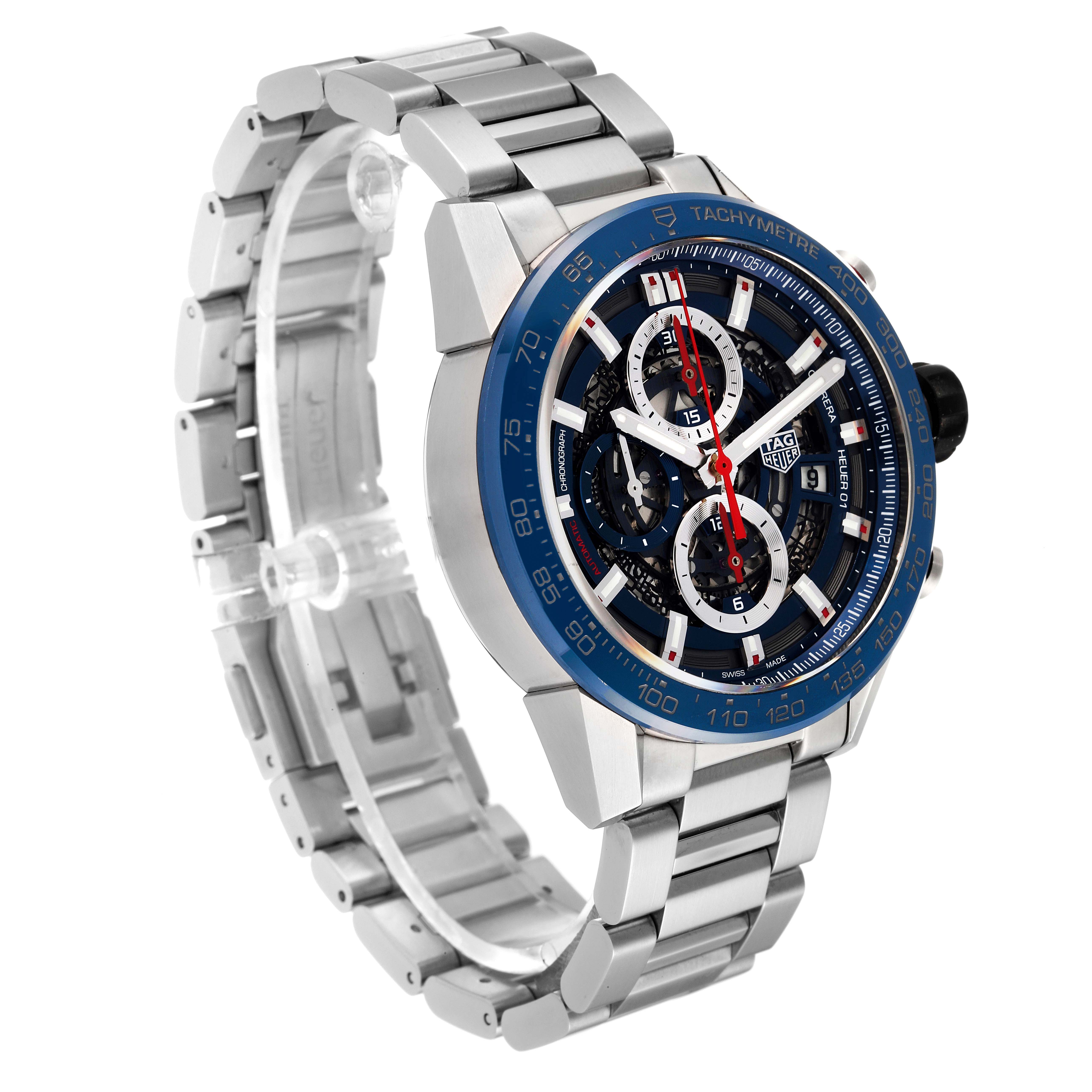 The image shows a three-quarter angled view of a Tag Heuer Carrera CAR201T Men's Stainless Steel Blue Dial CAR201T Men's Stainless Steel Blue Dial watch, displaying its face, bezel, and stainless steel bracelet.