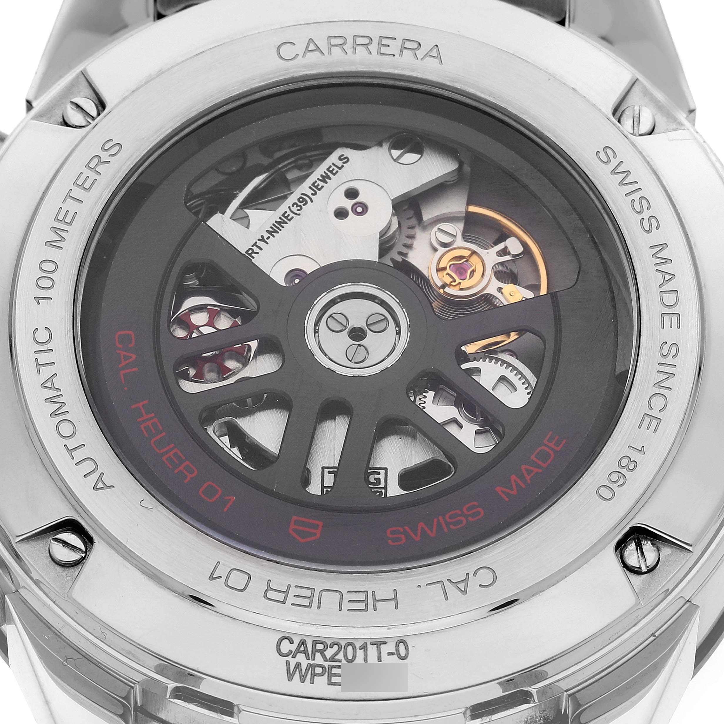This image shows the back casing and internal mechanics of the Tag Heuer Carrera CAR201T Men's Stainless Steel Blue Dial CAR201T Men's Stainless Steel Blue Dial model watch, displaying the rotor and gears.