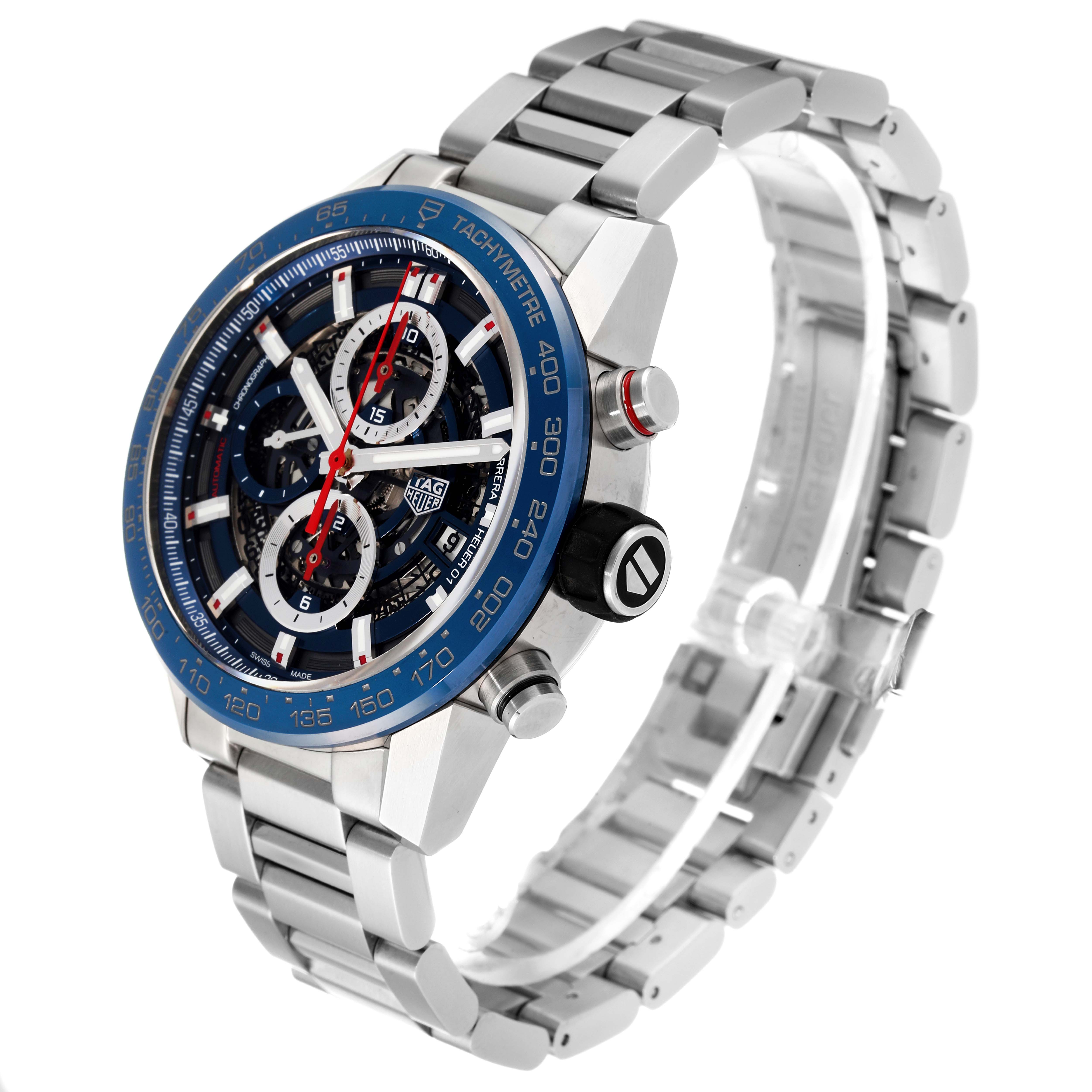 The image shows a Tag Heuer Carrera CAR201T Men's Stainless Steel Blue Dial CAR201T Men's Stainless Steel Blue Dial watch at a three-quarter angle, highlighting its blue tachymeter bezel, dial, and metal bracelet.