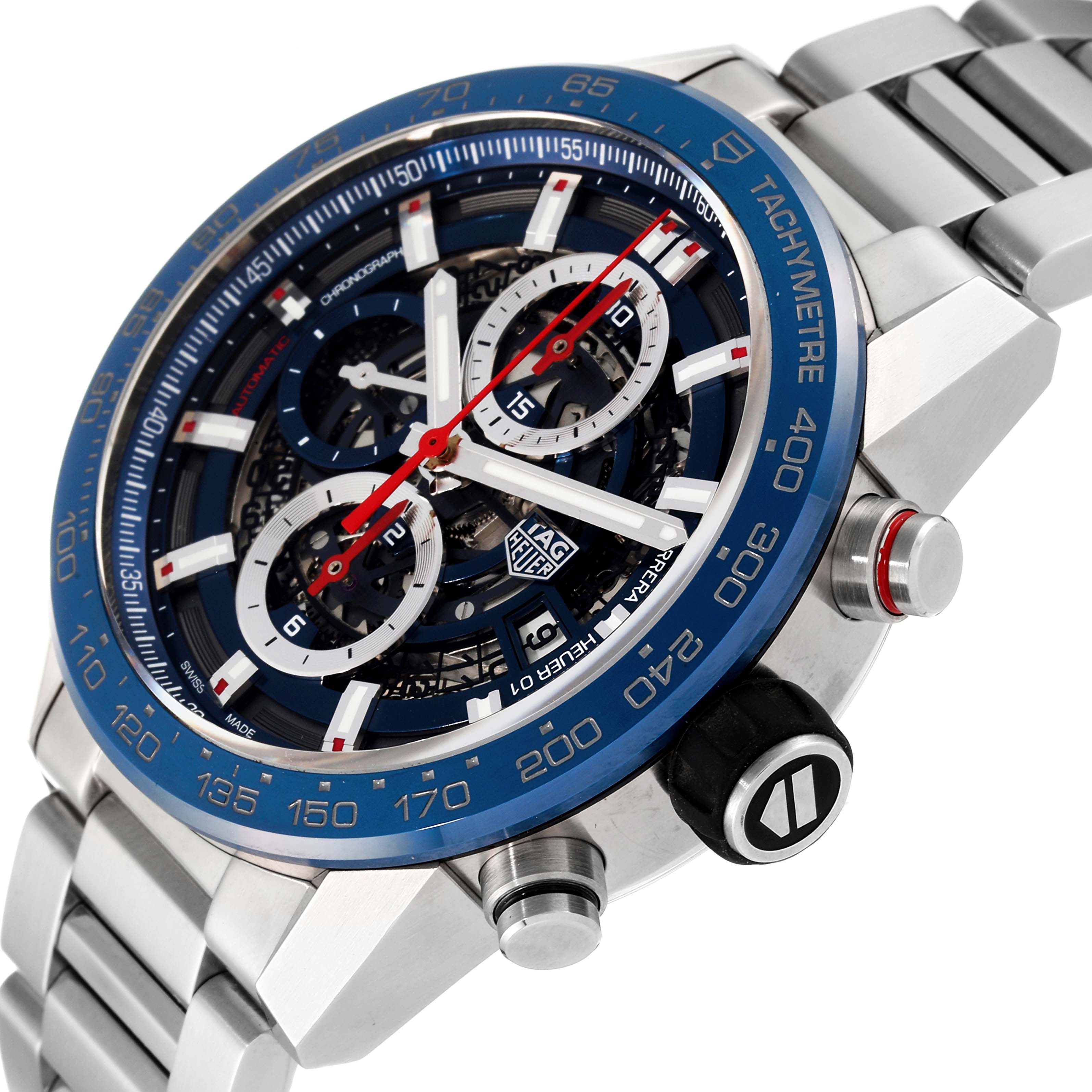 The image shows a close-up, angled view of the dial, bezel, and part of the bracelet of the Tag Heuer Carrera CAR201T Men's Stainless Steel Blue Dial CAR201T Men's Stainless Steel Blue Dial model watch.