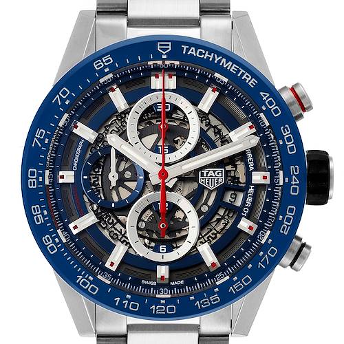 Photo of Tag Heuer Carrera Blue Skeleton Dial Chronograph Mens Watch CAR201T Box Card