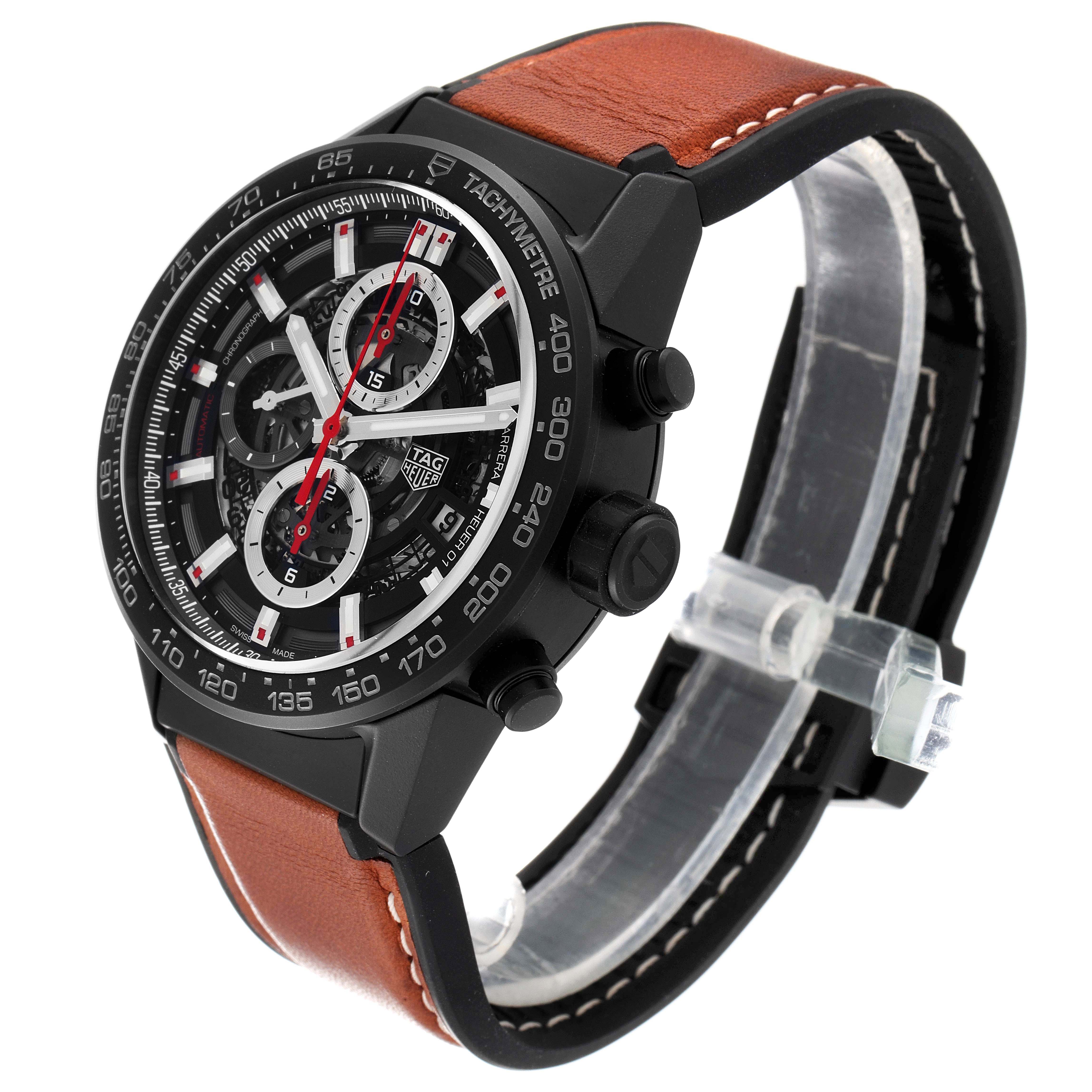 The image shows a side view of the Tag Heuer Carrera CAR2090.BH0729 Men's Ceramic Black Dial CAR2090.BH0729 Men's Ceramic Black Dial model watch with a clear display of its face and brown leather strap.