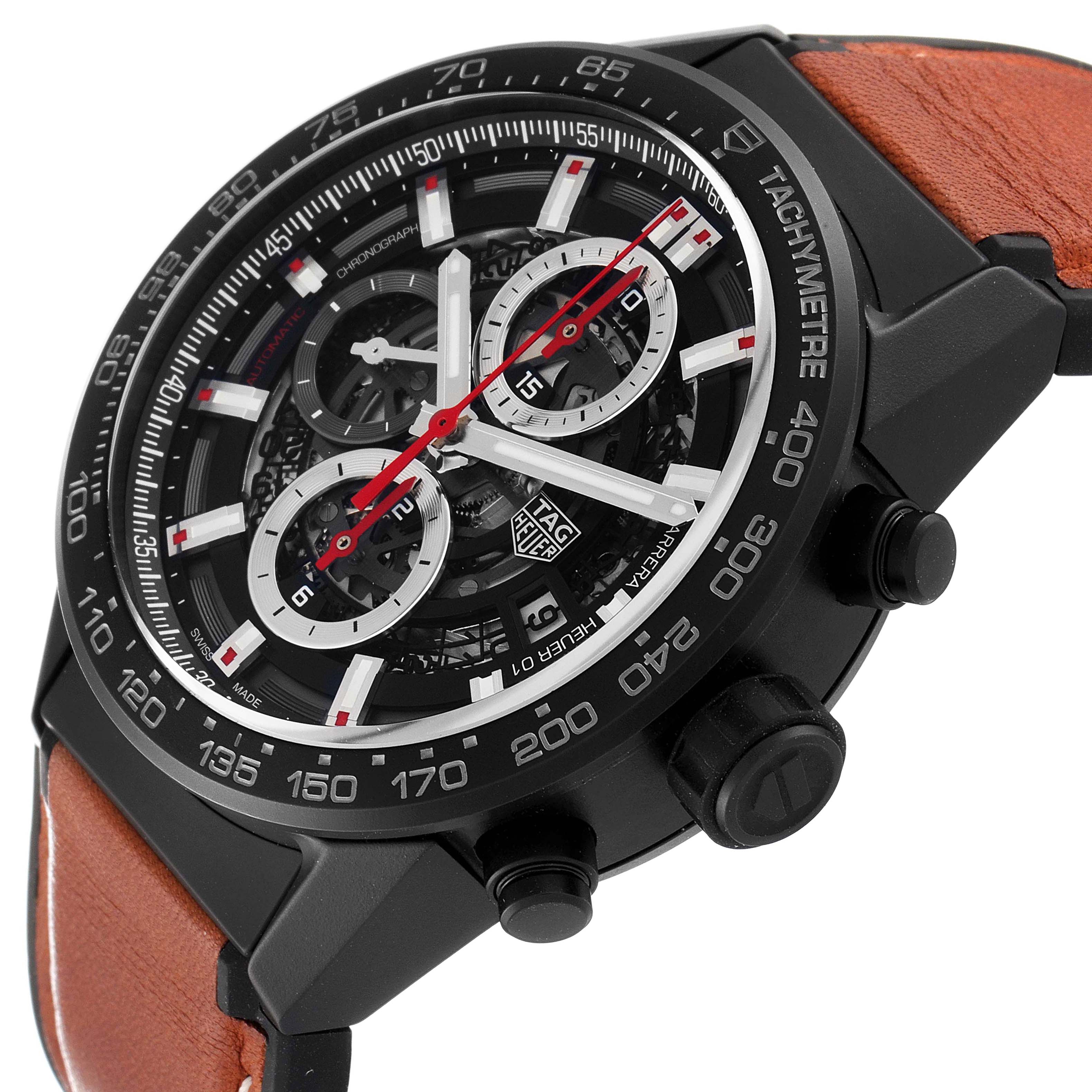 This image shows a Tag Heuer Carrera CAR2090.BH0729 Men's Ceramic Black Dial CAR2090.BH0729 Men's Ceramic Black Dial watch at an angle displaying the face, bezel, pushers, and a portion of the strap.