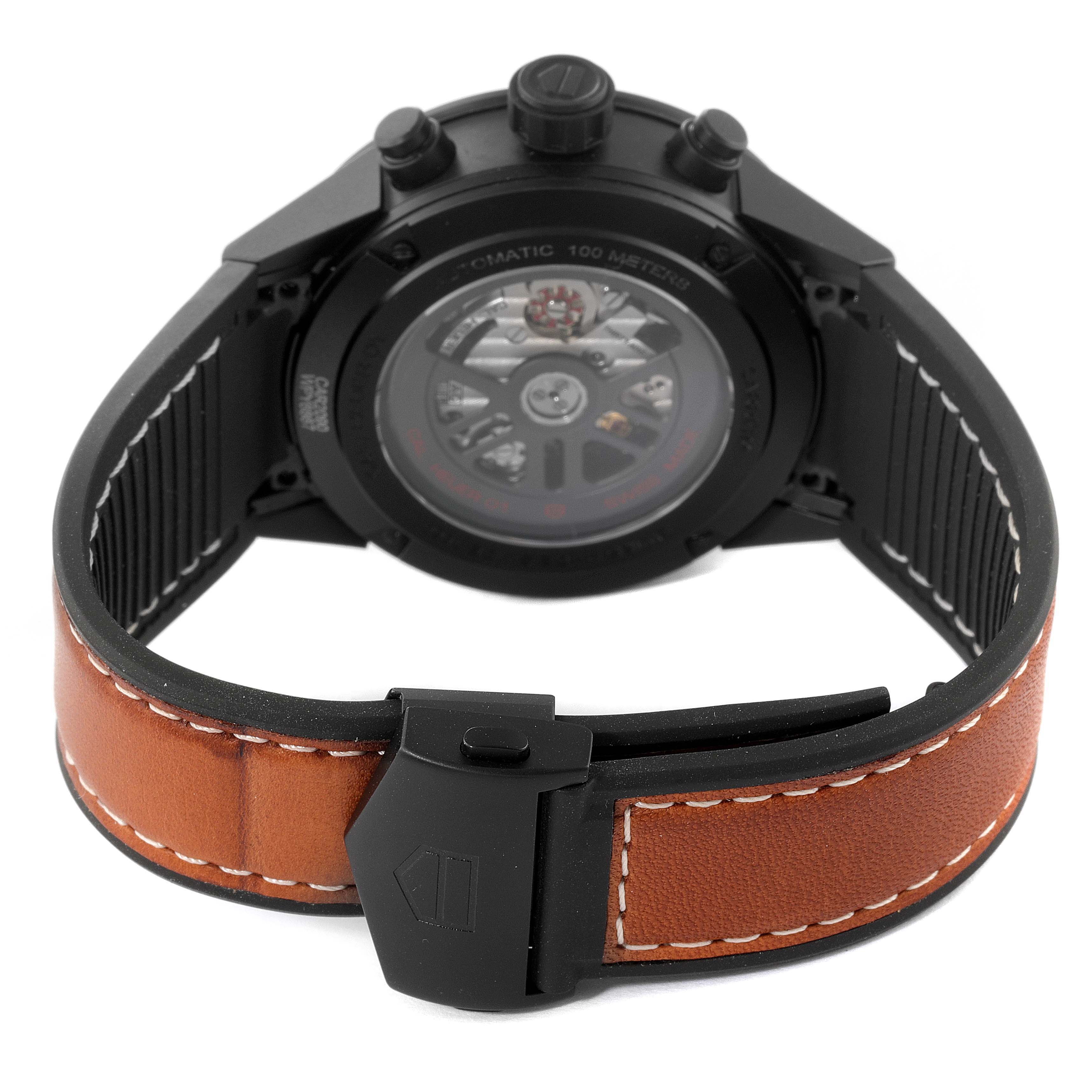 The image shows the back view of the Tag Heuer Carrera CAR2090.BH0729 Men's Ceramic Black Dial CAR2090.BH0729 Men's Ceramic Black Dial watch, including the transparent case back and brown leather strap.