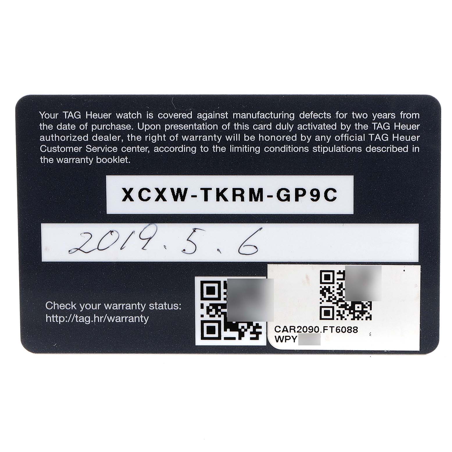 This image shows a warranty card for the Tag Heuer Carrera CAR2090.BH0729 Men's Ceramic Black Dial CAR2090.BH0729 Men's Ceramic Black Dial watch model with warranty details and a QR code.